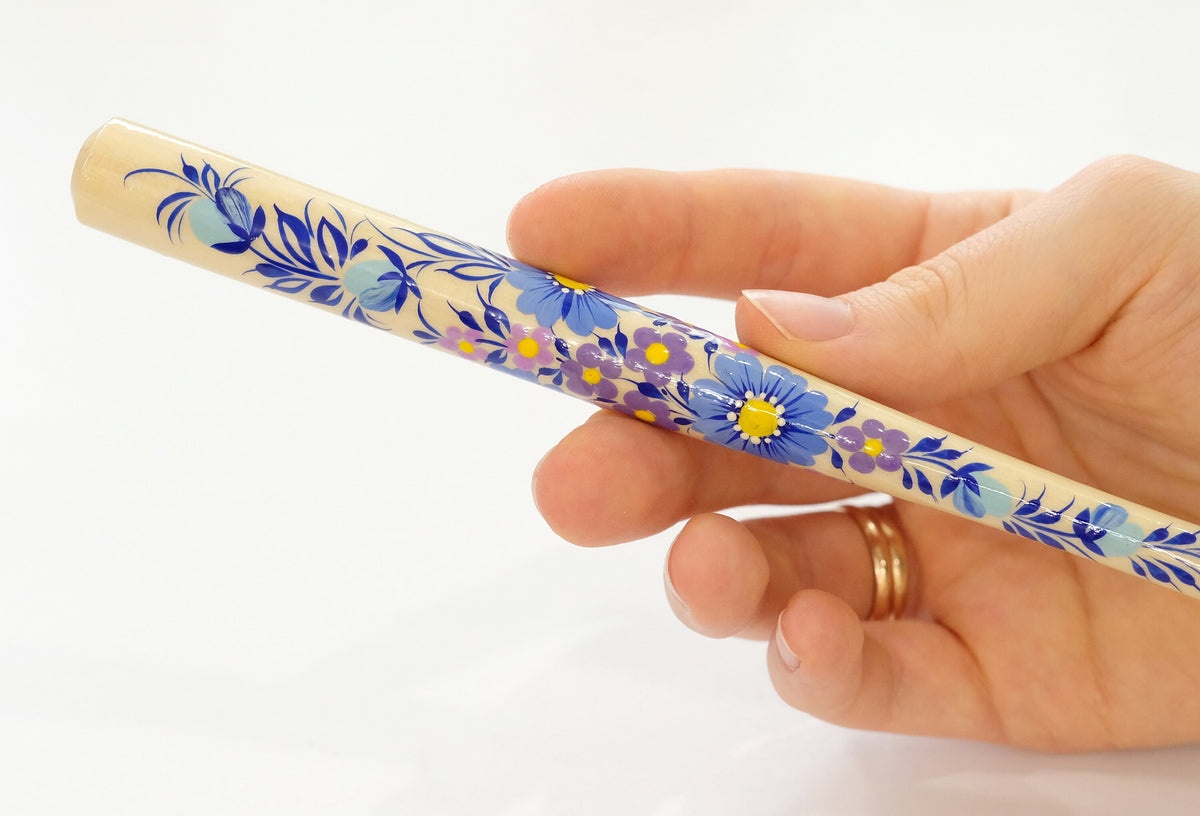 Long regular cigarette holder 7.8"/20 cm - Hand-painted wooden blue flower cigarette holder with Ukrainian Petrykivka art