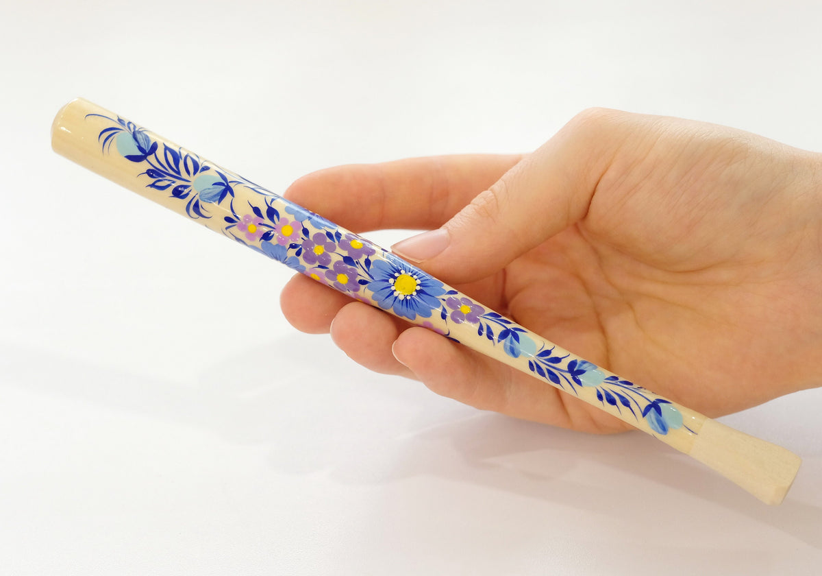 Long regular cigarette holder 7.8"/20 cm - Hand-painted wooden blue flower cigarette holder with Ukrainian Petrykivka art