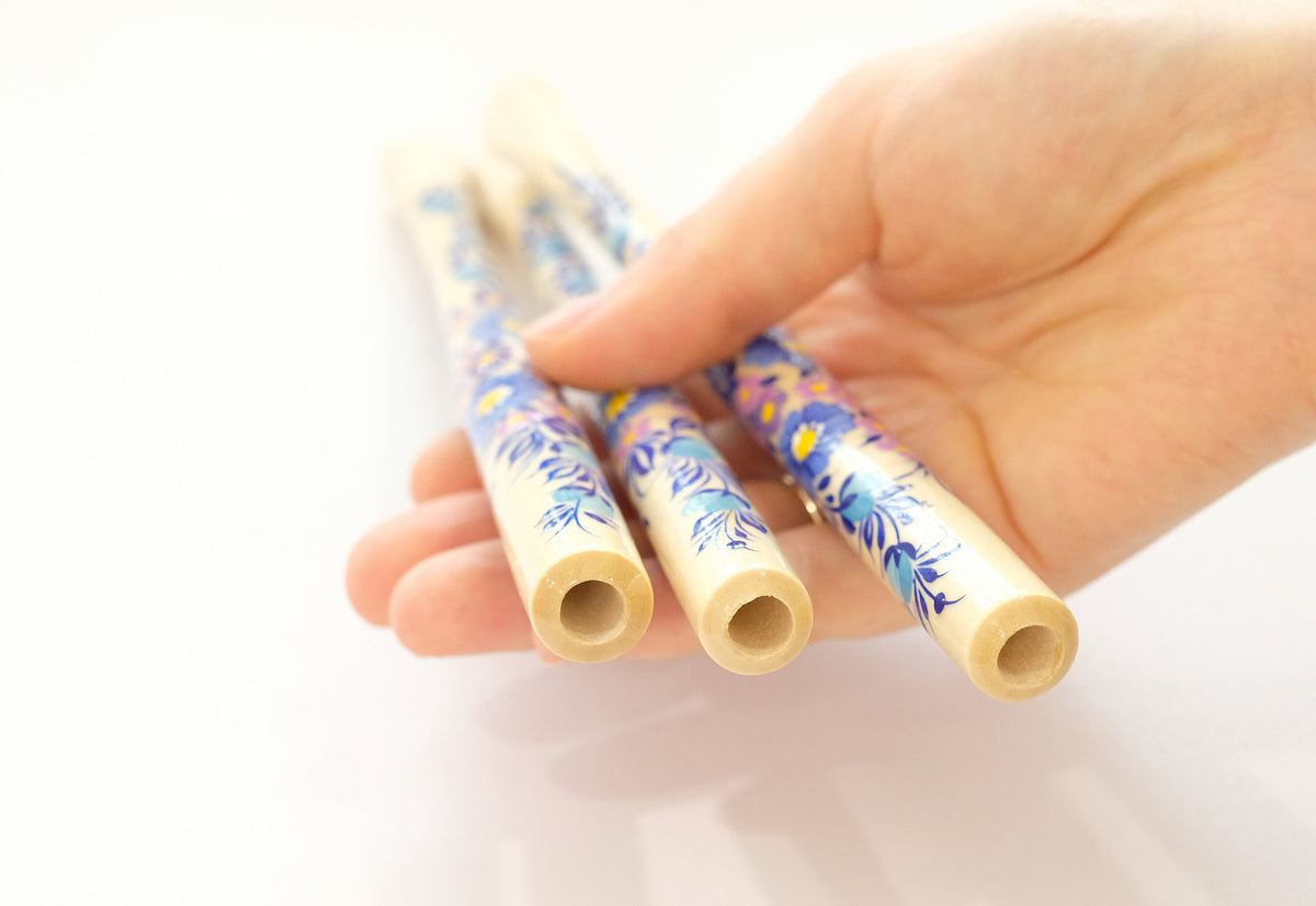 Long regular cigarette holder 7.8"/20 cm - Hand-painted wooden blue flower cigarette holder with Ukrainian Petrykivka art