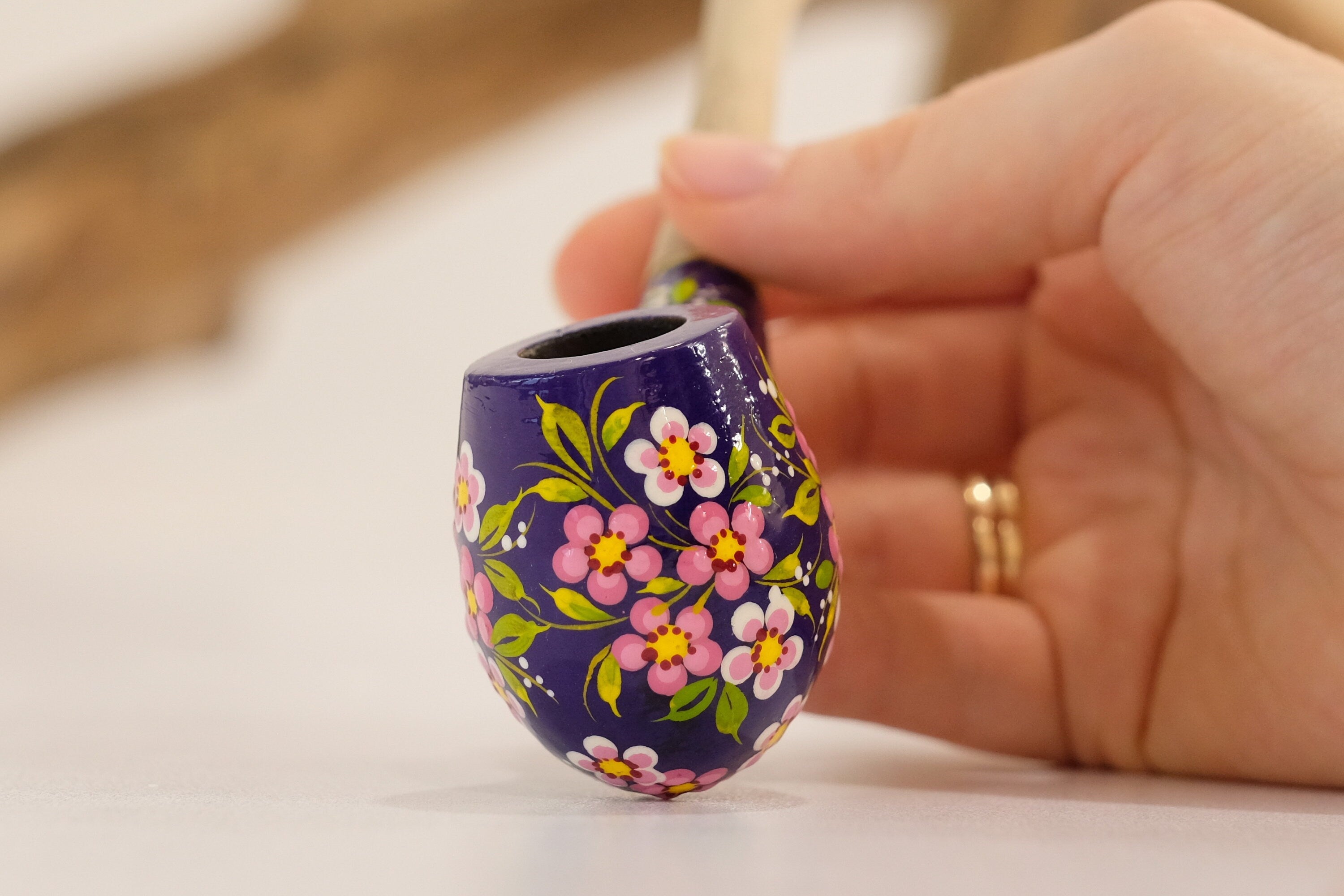 Painted Cherry Blossom Smoking Pipe - Ukrainian Wooden Tobacco Pipe