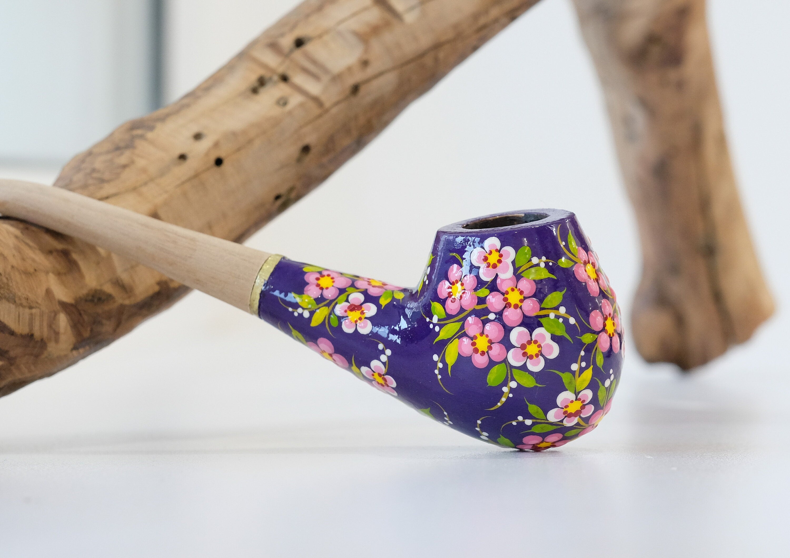 Painted Cherry Blossom Smoking Pipe - Ukrainian Wooden Tobacco Pipe