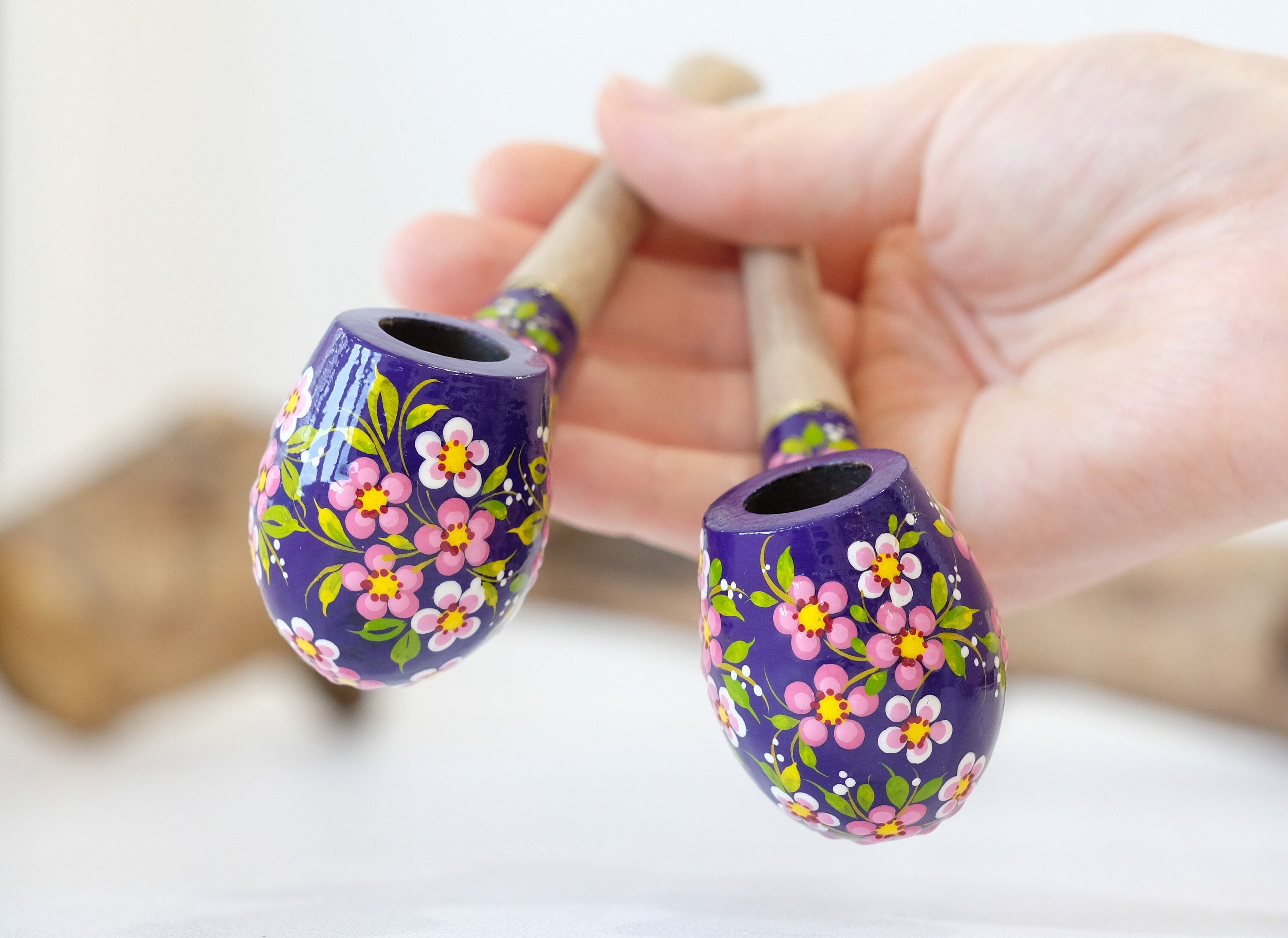 Painted Cherry Blossom Smoking Pipe - Ukrainian Wooden Tobacco Pipe