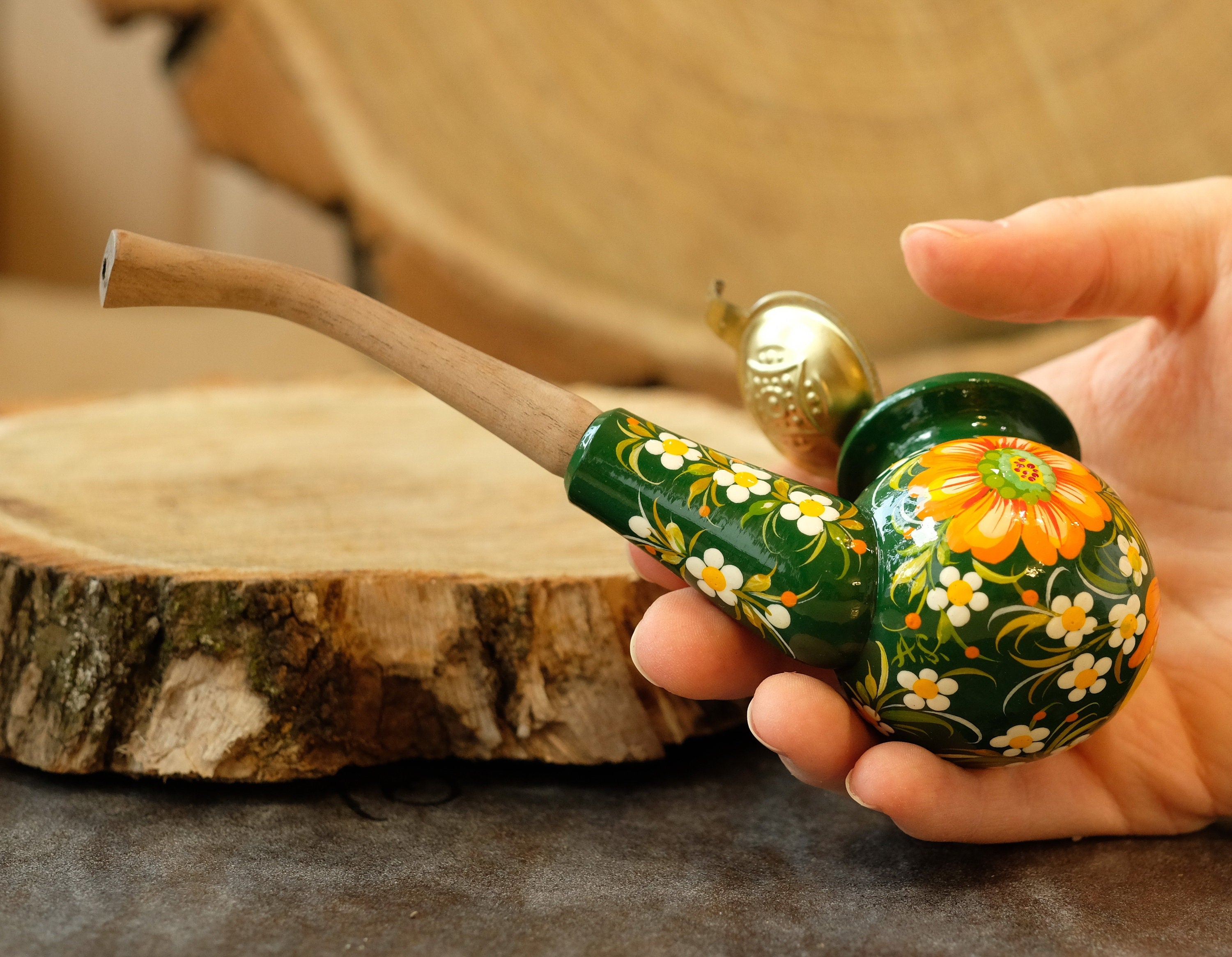 Painted Wooden Sunflower Smoking Pipe with Lid - Ukrainian Folk Art Petrykivka