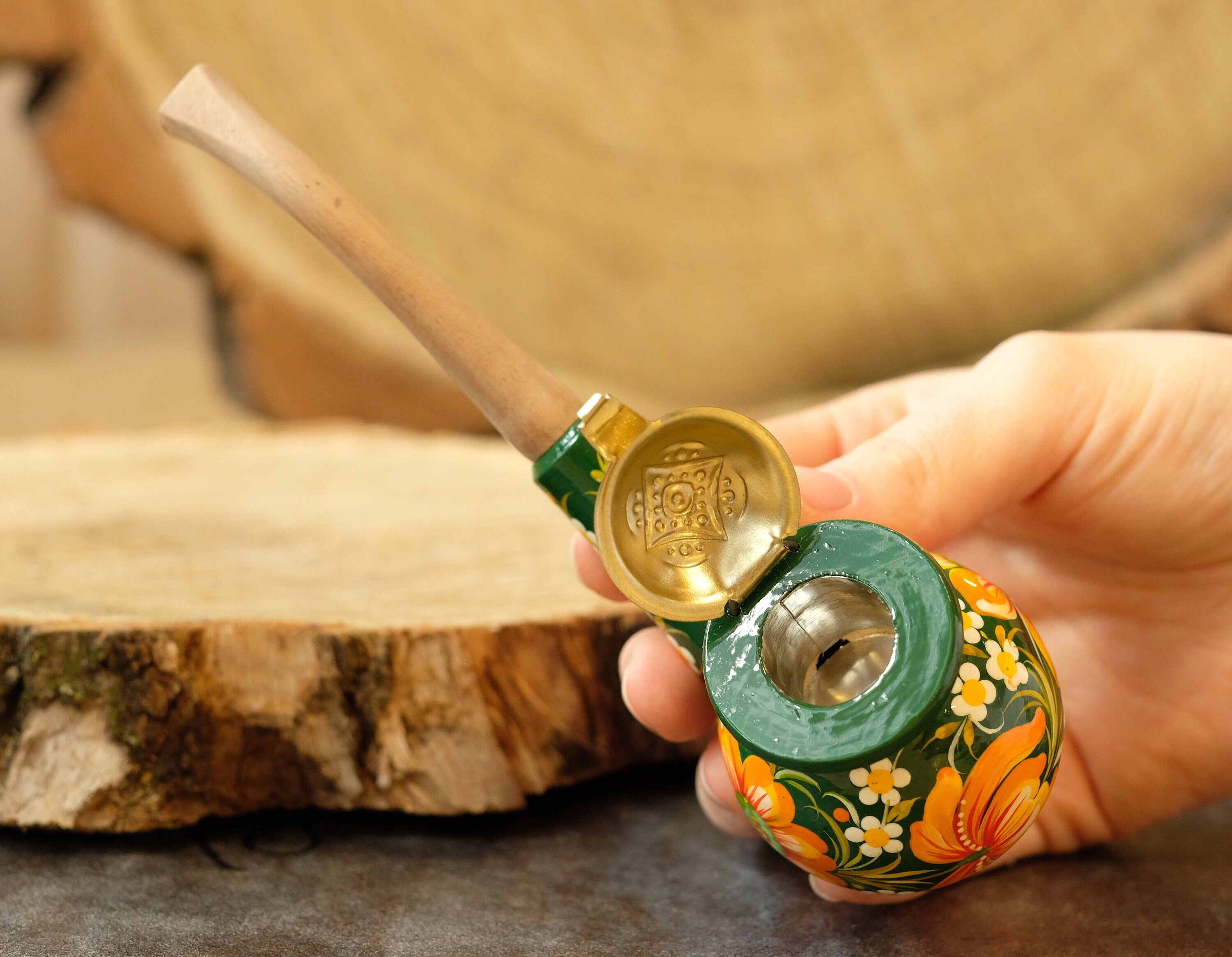 Painted Wooden Sunflower Smoking Pipe with Lid - Ukrainian Folk Art Petrykivka