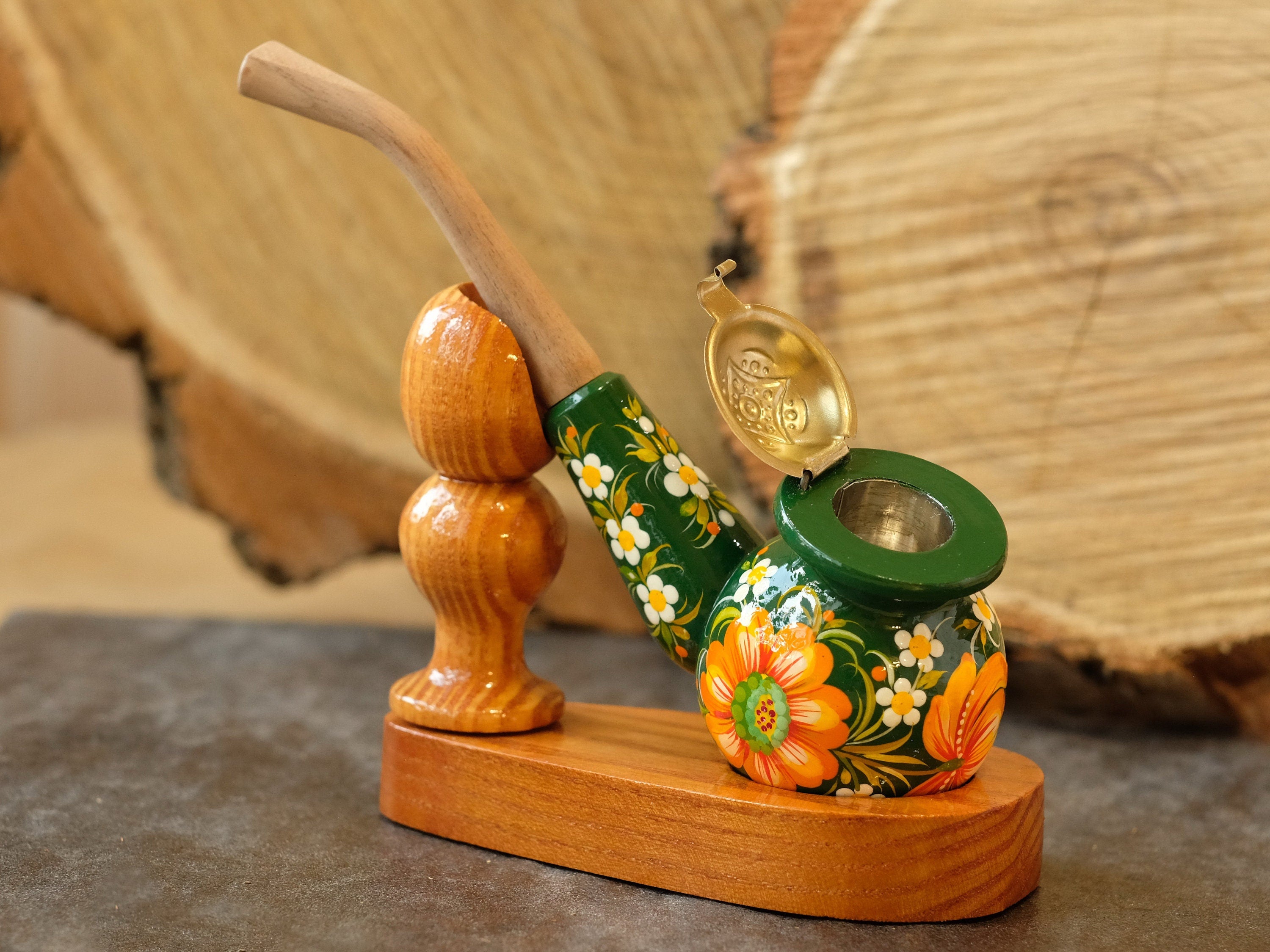 Painted Wooden Sunflower Smoking Pipe with Lid - Ukrainian Folk Art Petrykivka