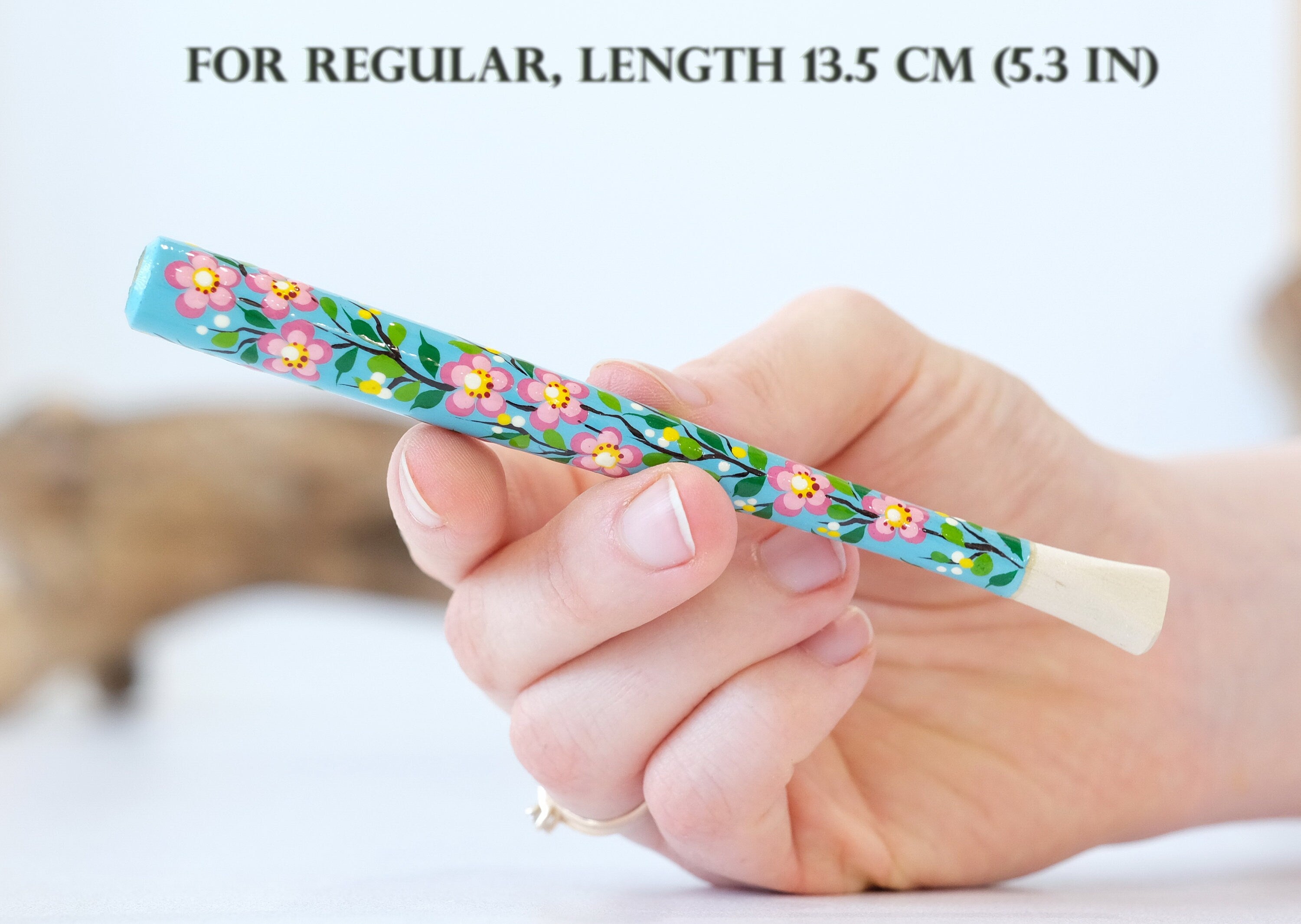 Painted Wooden Cigarette Holder - Regular & Slim - Cherry Blossom Mouthpiece with Ukrainian Folk Art Petrykivka