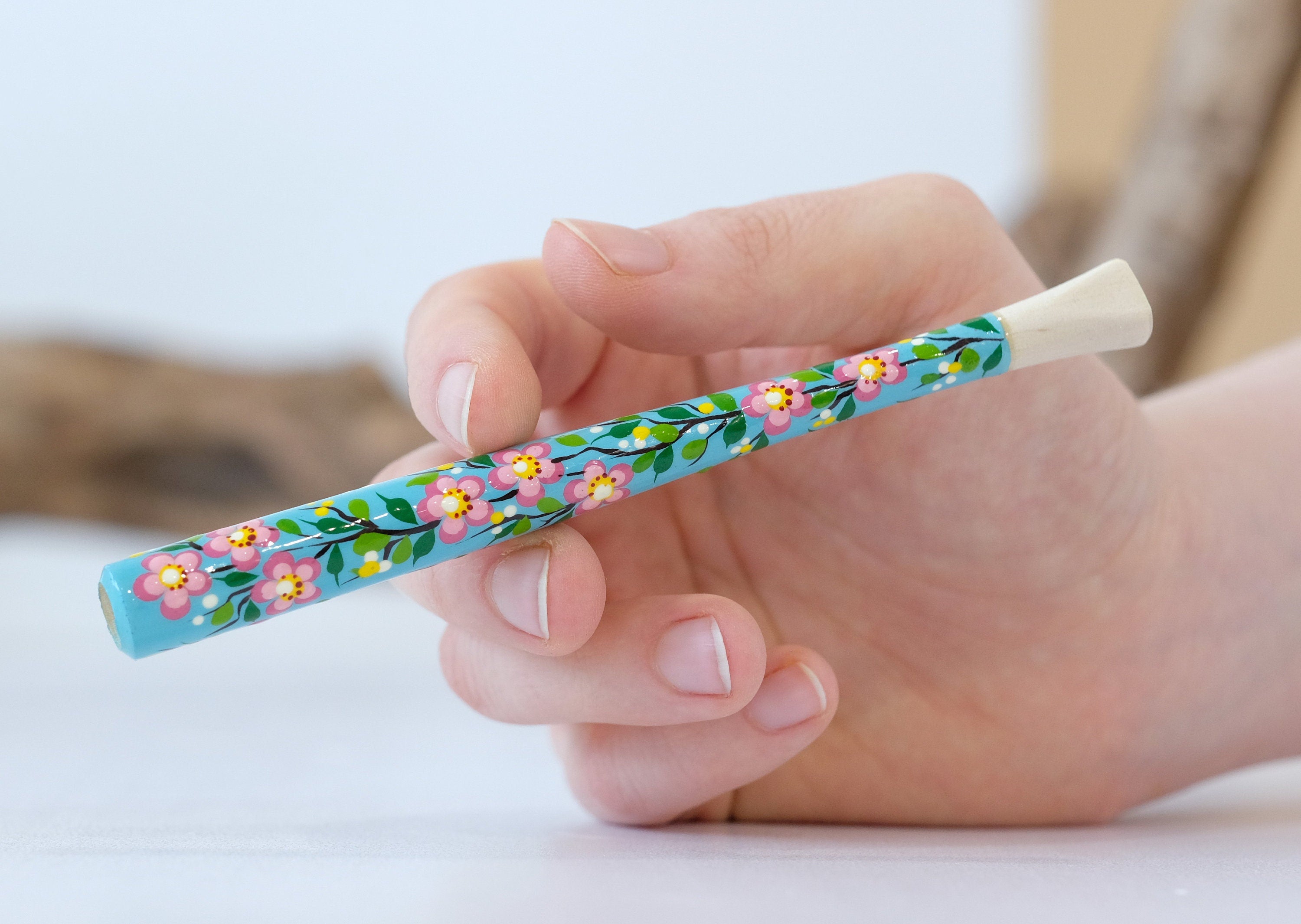 Painted Wooden Cigarette Holder - Regular & Slim - Cherry Blossom Mouthpiece with Ukrainian Folk Art Petrykivka