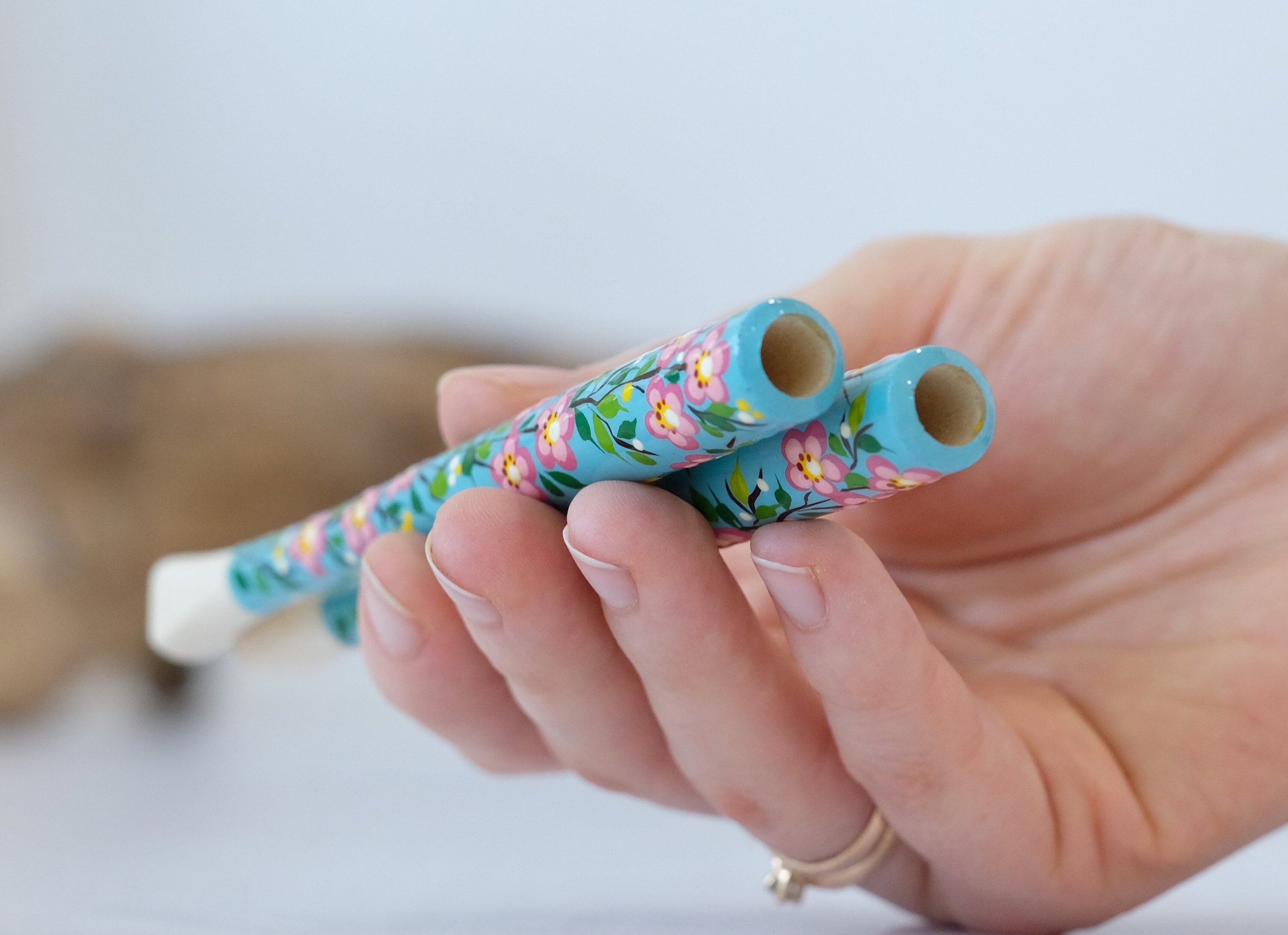 Painted Wooden Cigarette Holder - Regular & Slim - Cherry Blossom Mouthpiece with Ukrainian Folk Art Petrykivka