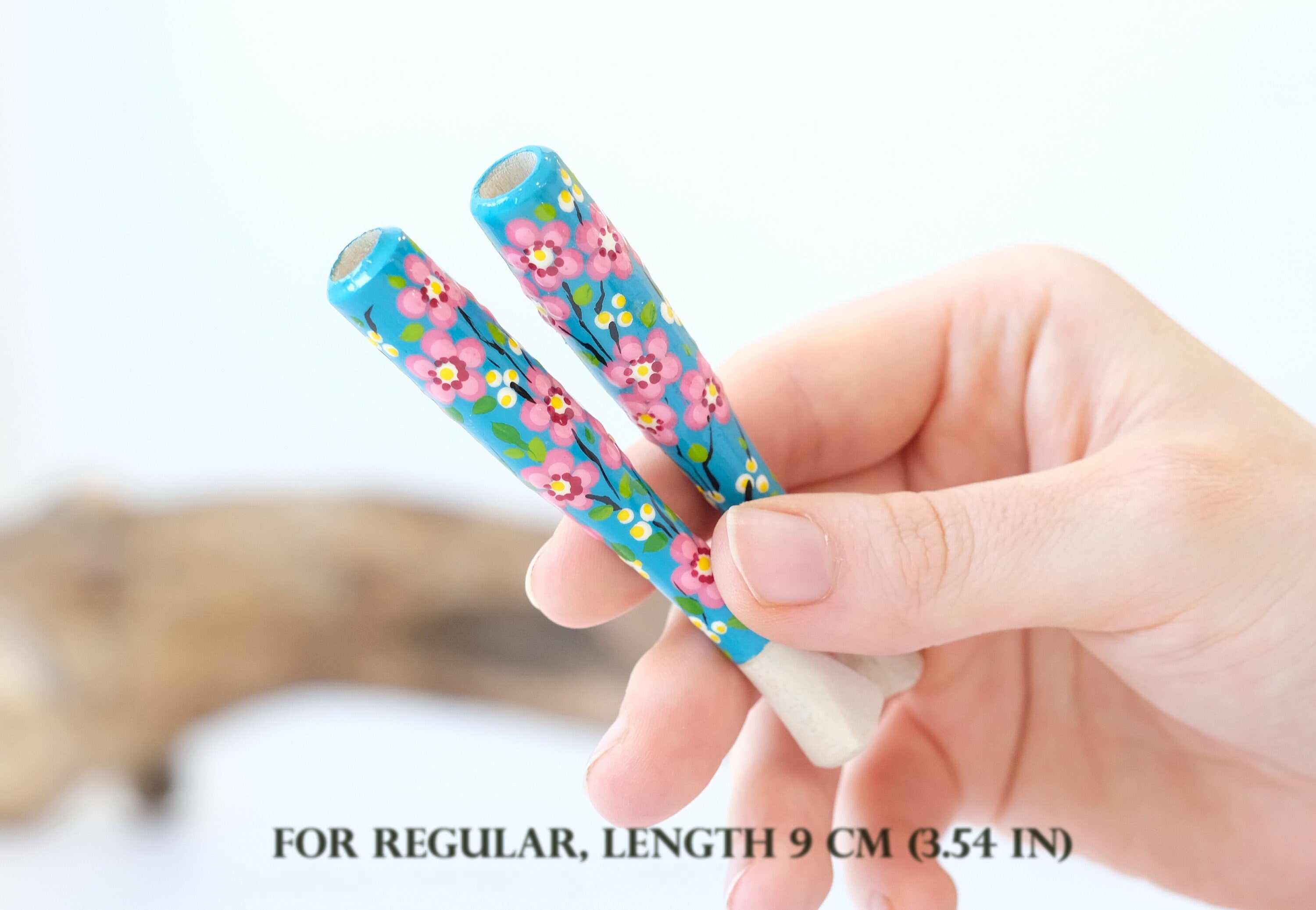 Painted Wooden Cigarette Holder - Regular & Slim - Cherry Blossom Mouthpiece with Ukrainian Folk Art Petrykivka