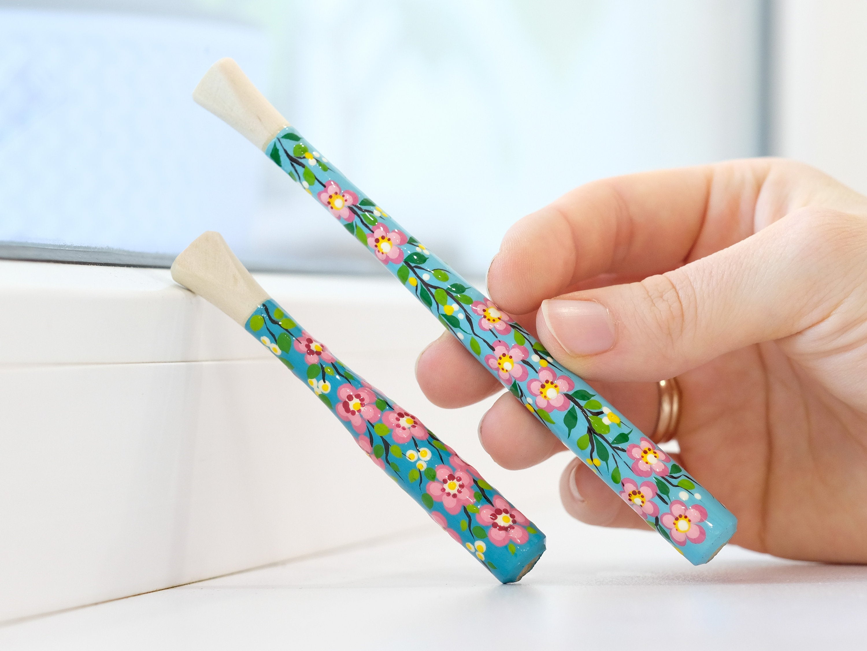 Painted Wooden Cigarette Holder - Regular & Slim - Cherry Blossom Mouthpiece with Ukrainian Folk Art Petrykivka