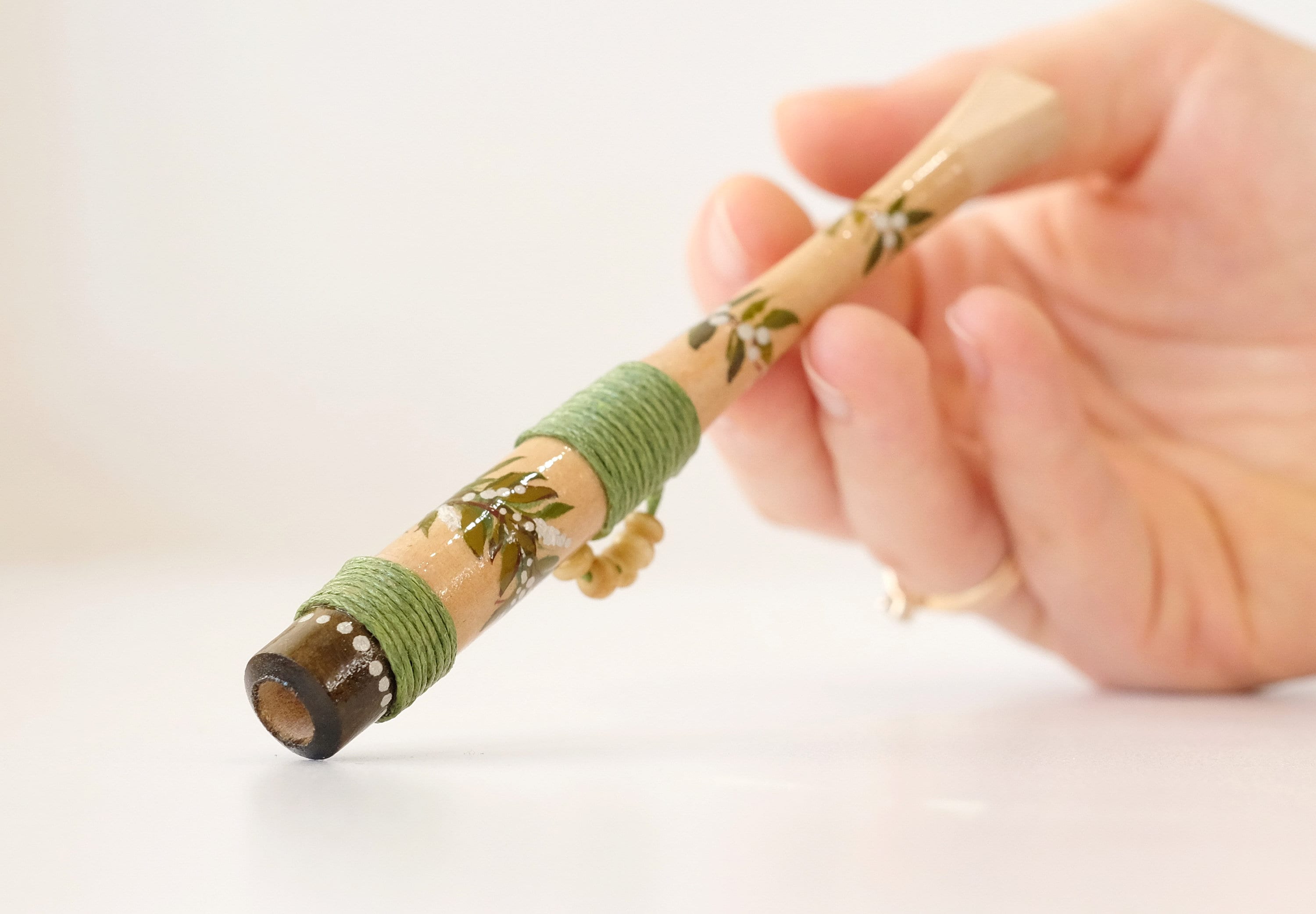 Wooden Regular cigarette holder - Hand-painted green tribal cigarette holder with Ukraininan folk art Petrykivka