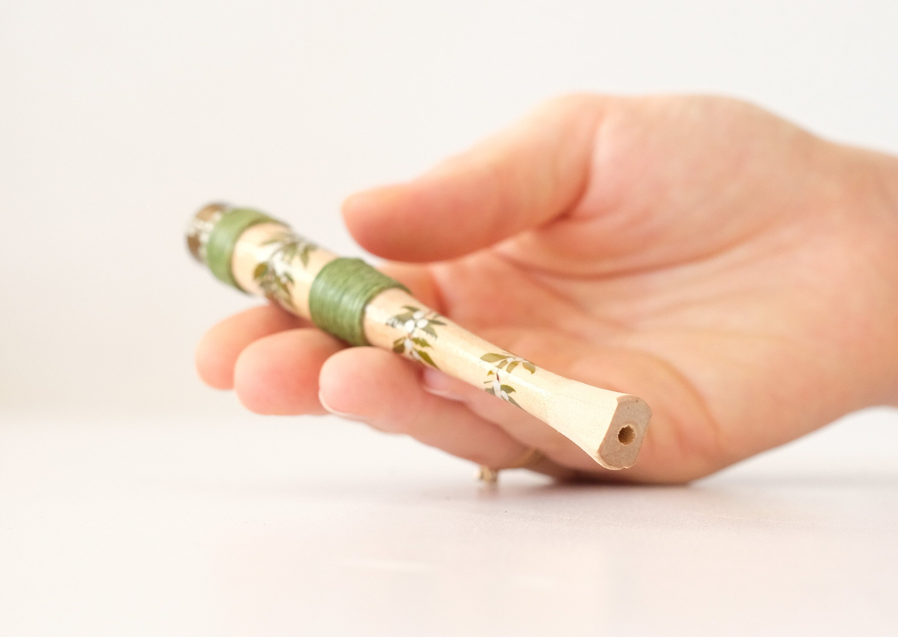 Wooden Regular cigarette holder - Hand-painted green tribal cigarette holder with Ukraininan folk art Petrykivka