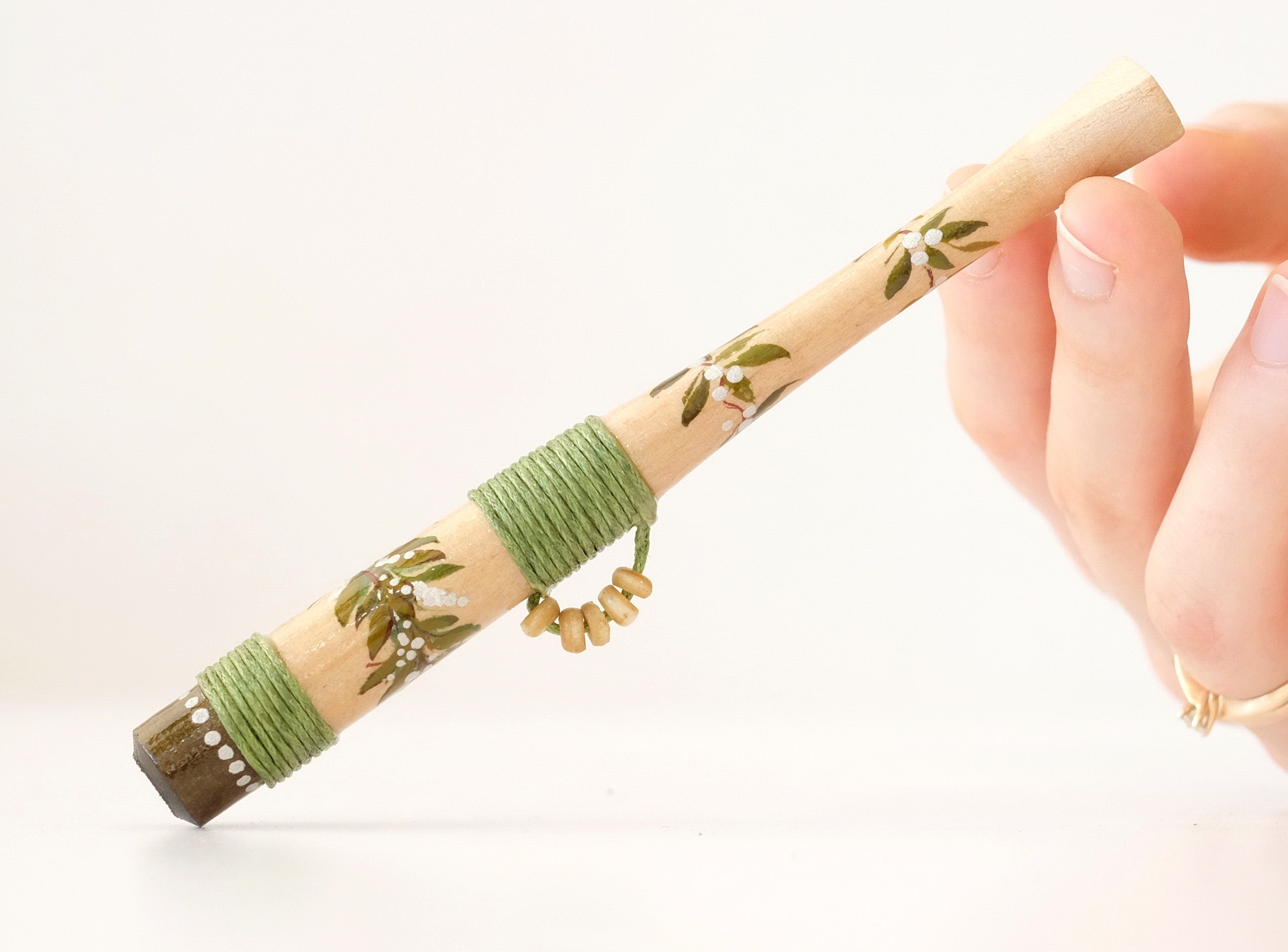 Wooden Regular cigarette holder - Hand-painted green tribal cigarette holder with Ukraininan folk art Petrykivka
