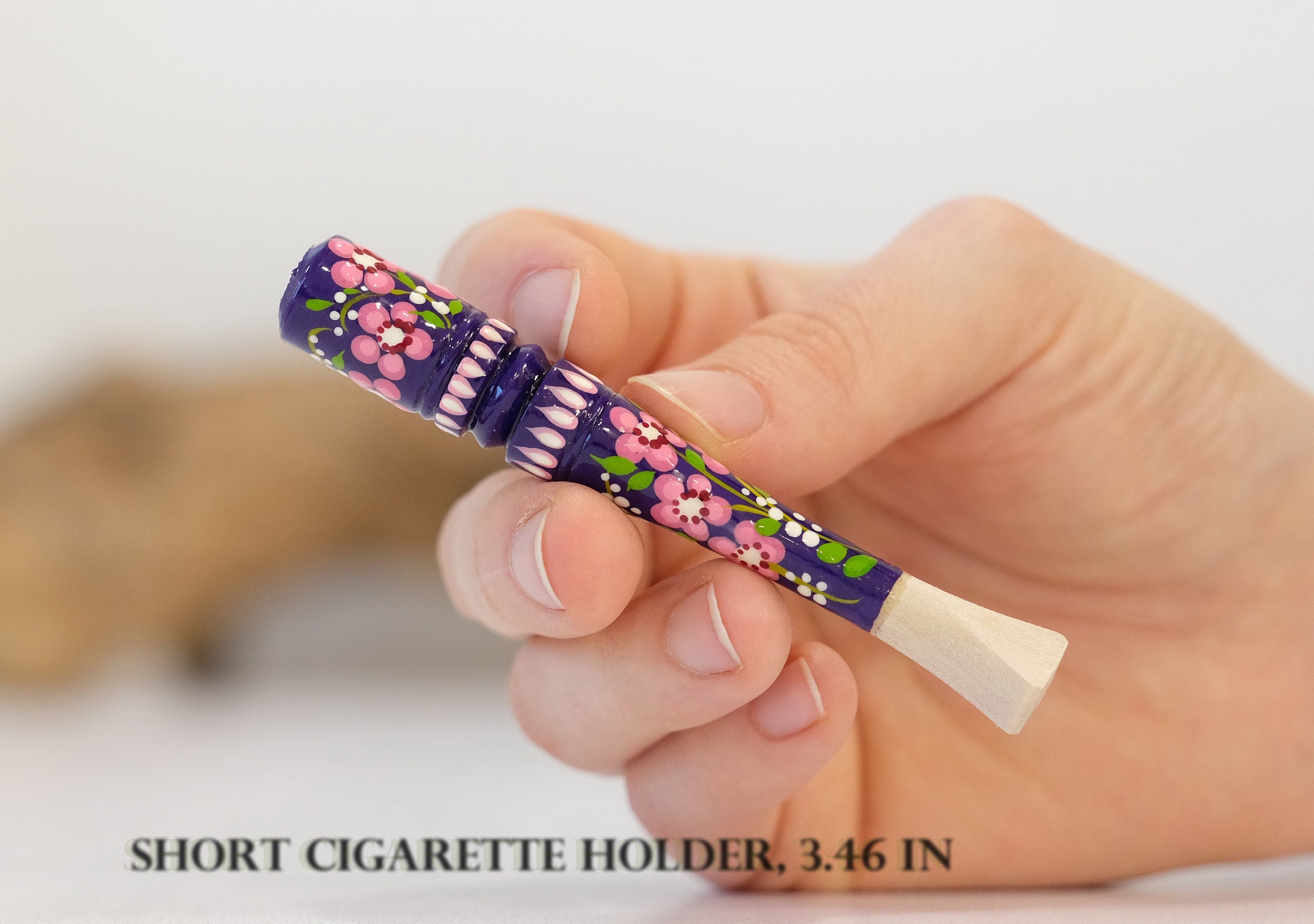 Hand-Painted Wooden Regular Cigarette Holder - Cherry Blossom Mouthpiece with Ukrainian Folk Art Petrykivka