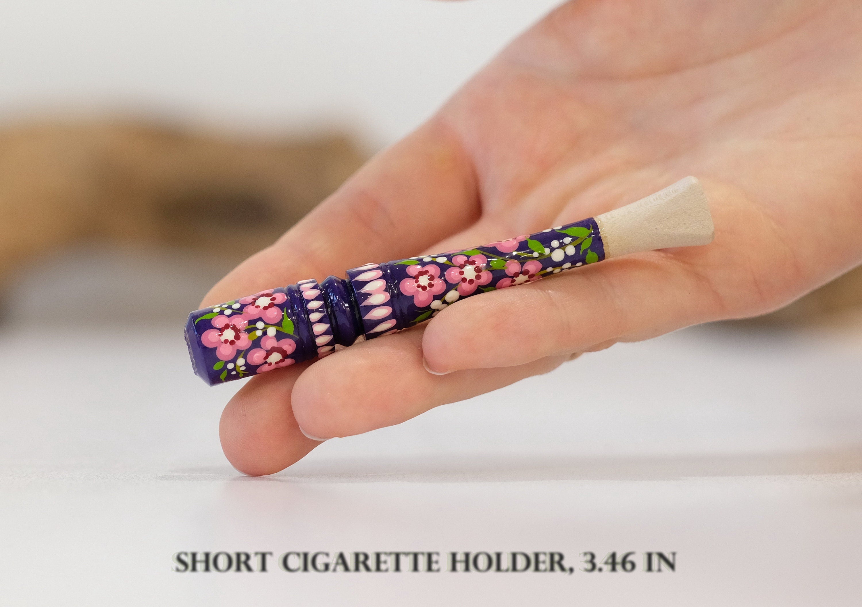 Hand-Painted Wooden Regular Cigarette Holder - Cherry Blossom Mouthpiece with Ukrainian Folk Art Petrykivka