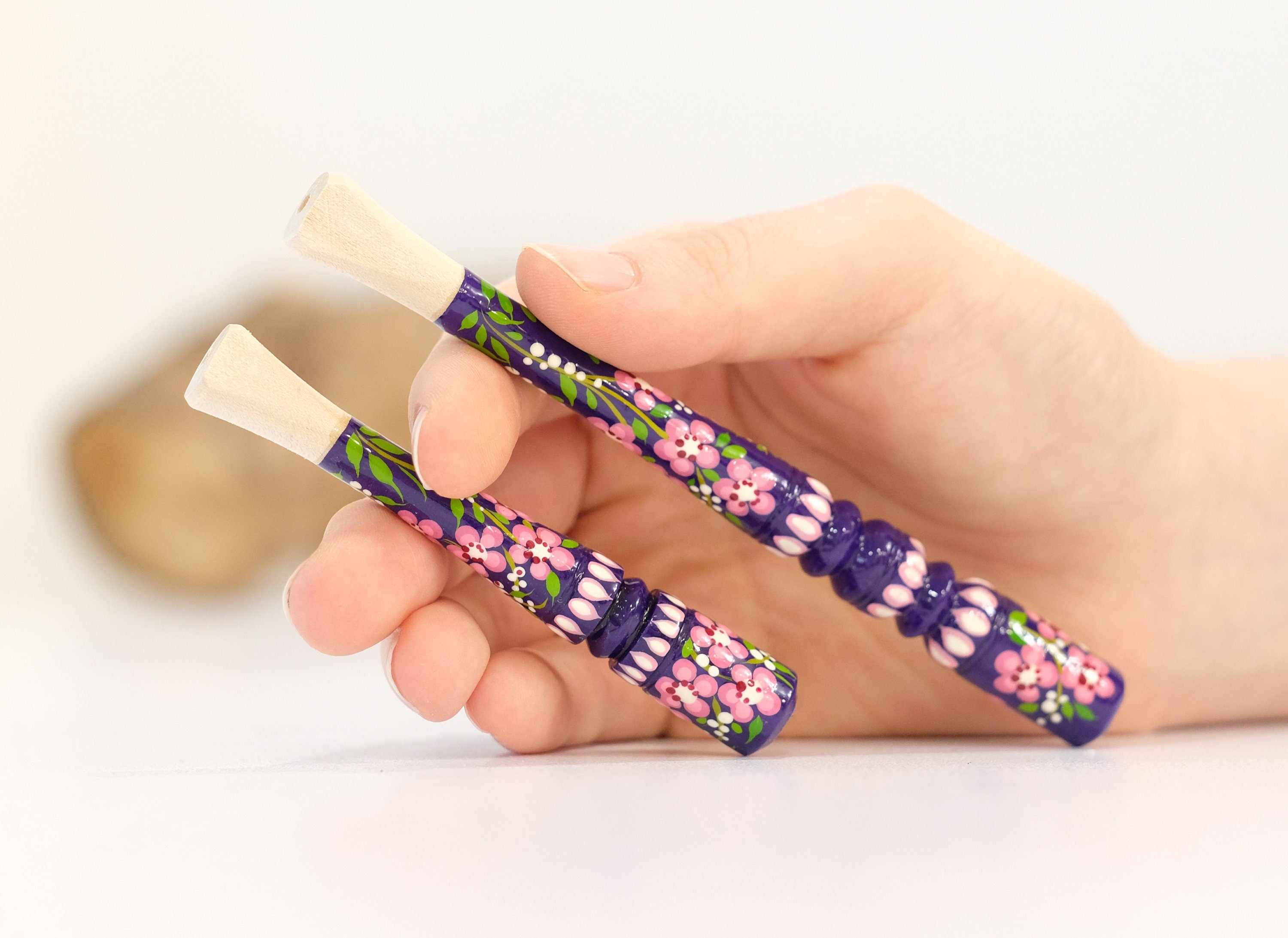 Hand-Painted Wooden Regular Cigarette Holder - Cherry Blossom Mouthpiece with Ukrainian Folk Art Petrykivka