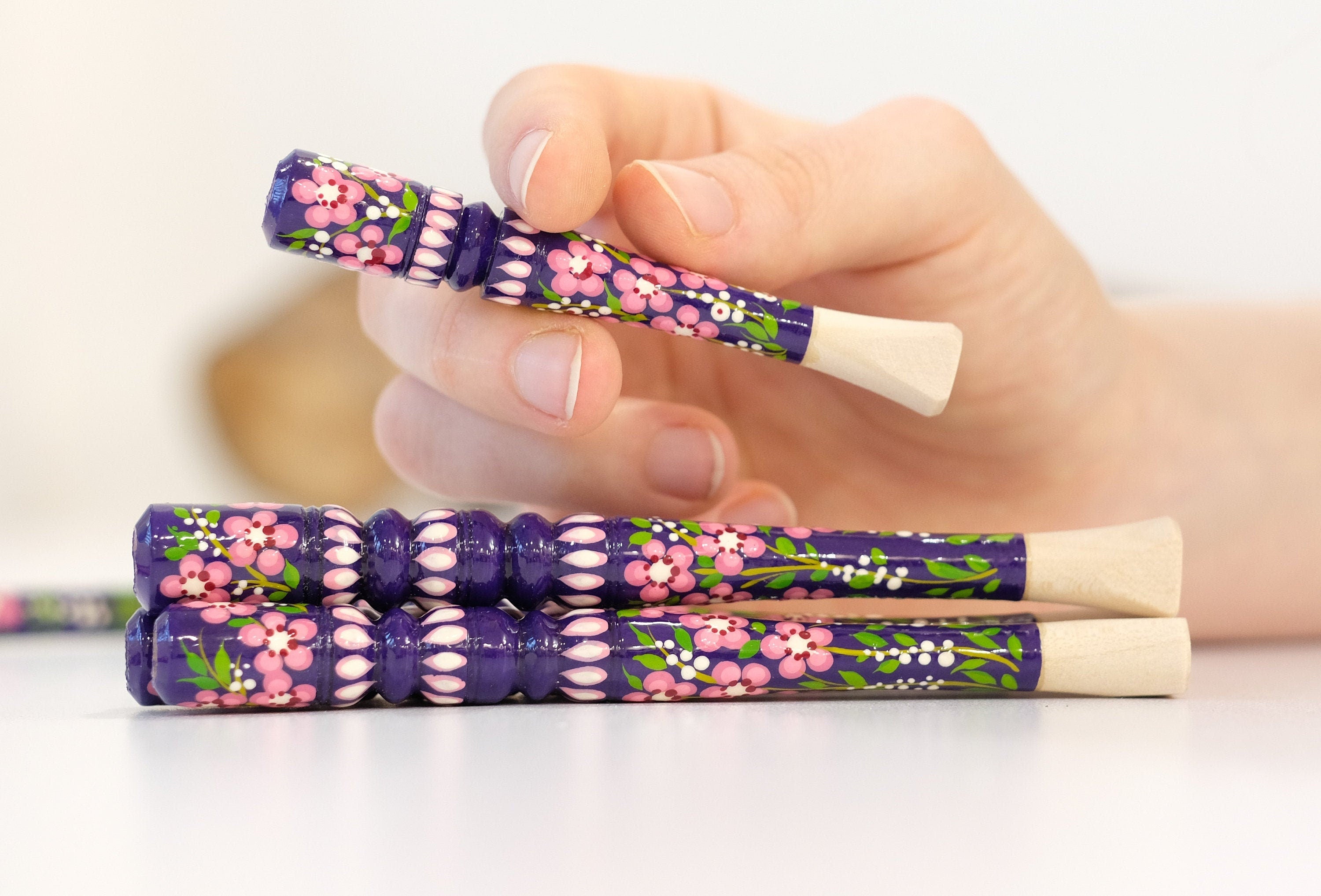 Hand-Painted Wooden Regular Cigarette Holder - Cherry Blossom Mouthpiece with Ukrainian Folk Art Petrykivka