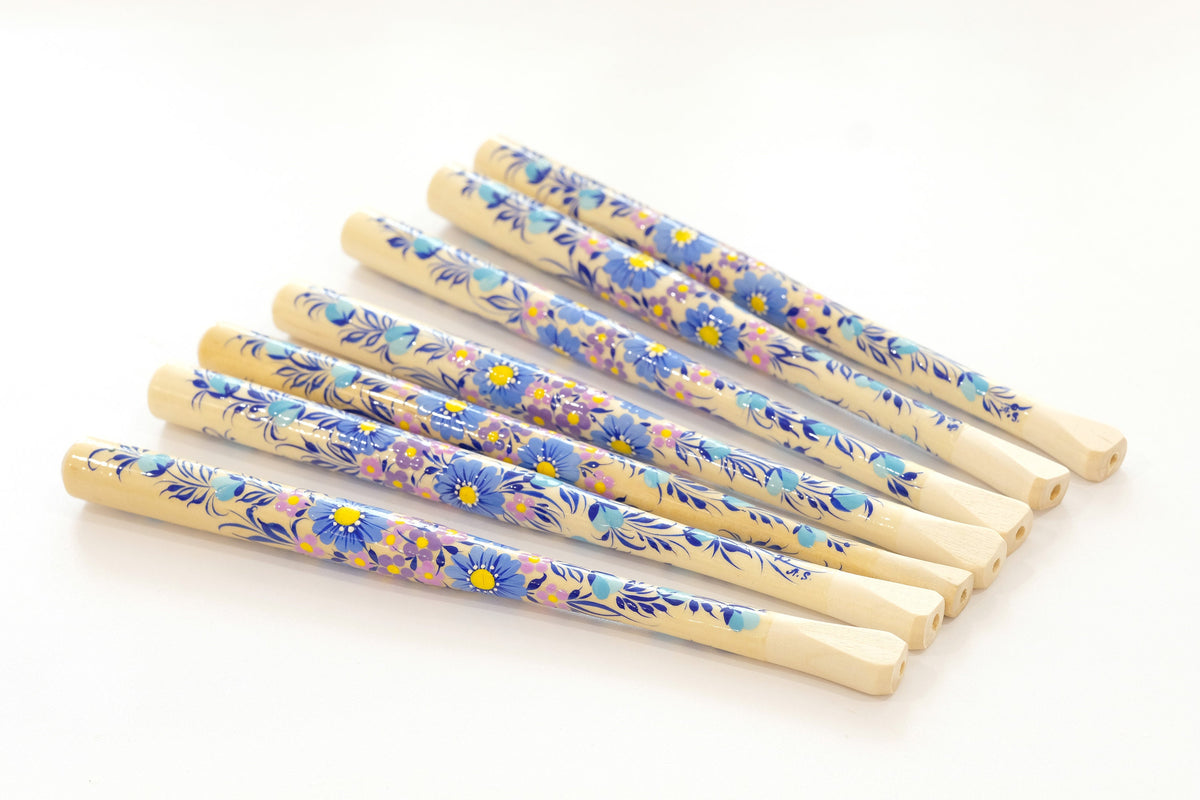 Long regular cigarette holder 7.8"/20 cm - Hand-painted wooden blue flower cigarette holder with Ukrainian Petrykivka art