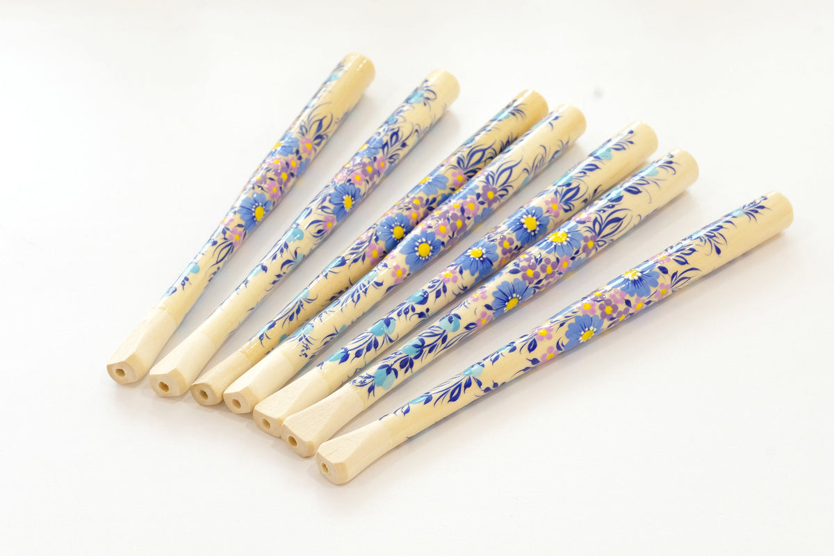 Long regular cigarette holder 7.8"/20 cm - Hand-painted wooden blue flower cigarette holder with Ukrainian Petrykivka art