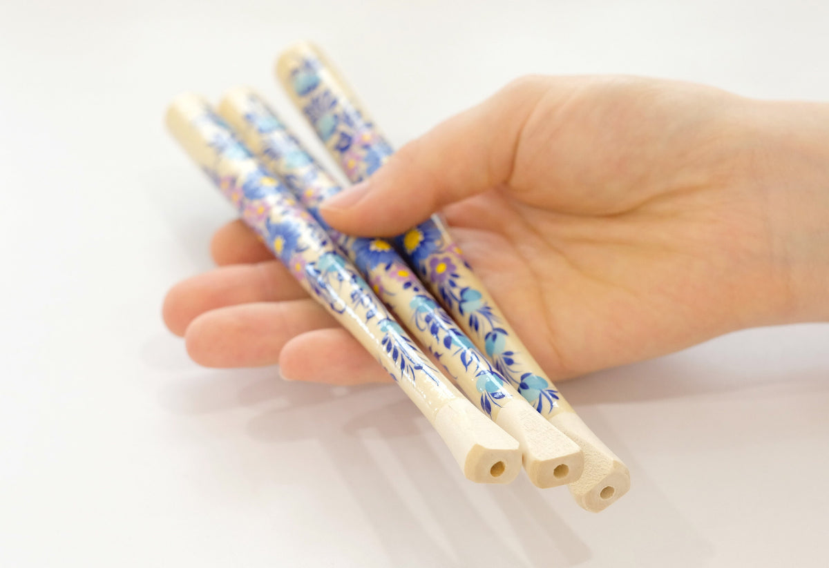 Long regular cigarette holder 7.8"/20 cm - Hand-painted wooden blue flower cigarette holder with Ukrainian Petrykivka art