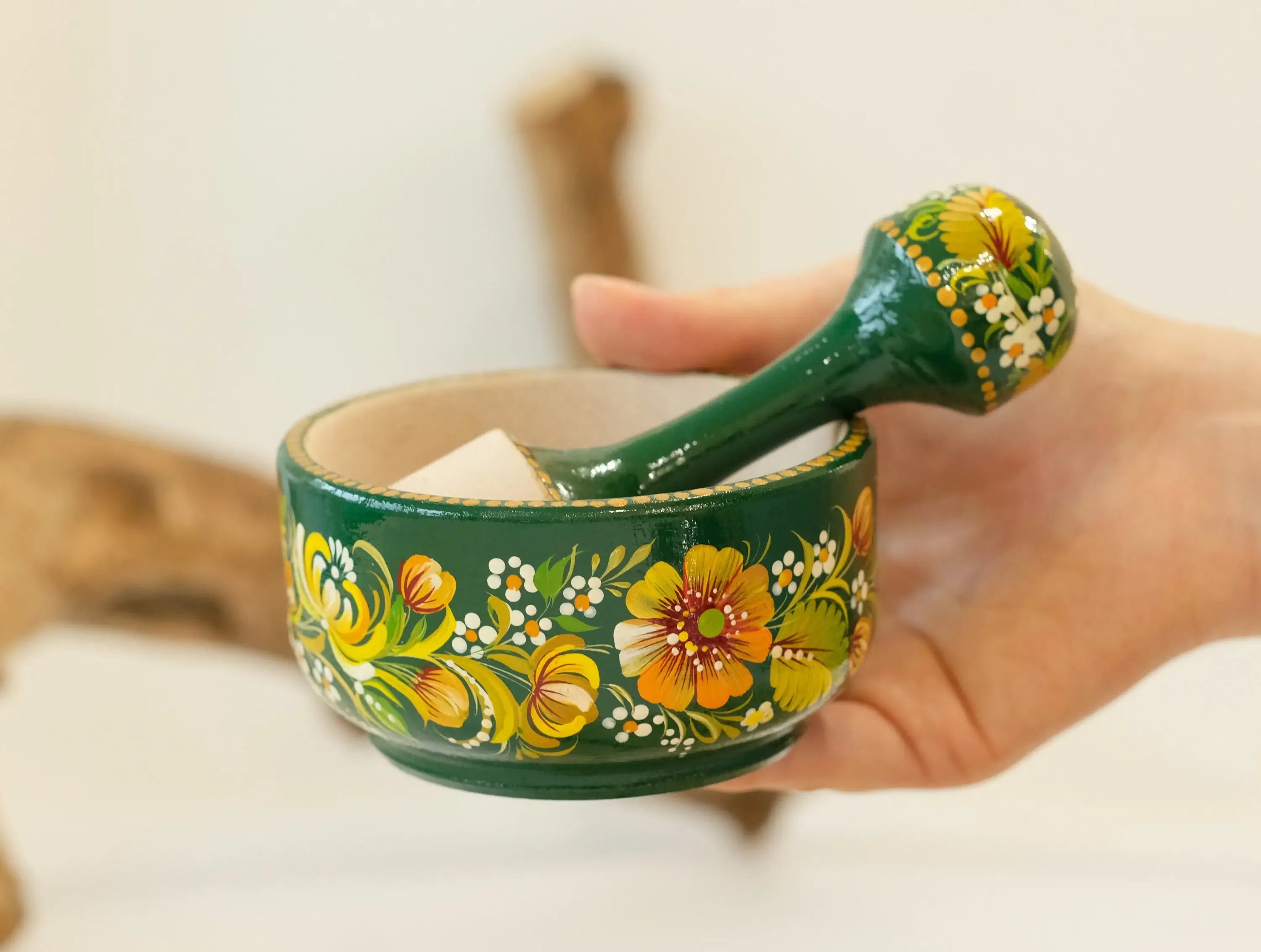Wooden Mortar and Pestle Set - Artisanal Petrykivka Art Hand-painted Emerald Green Flower Crush Bowl