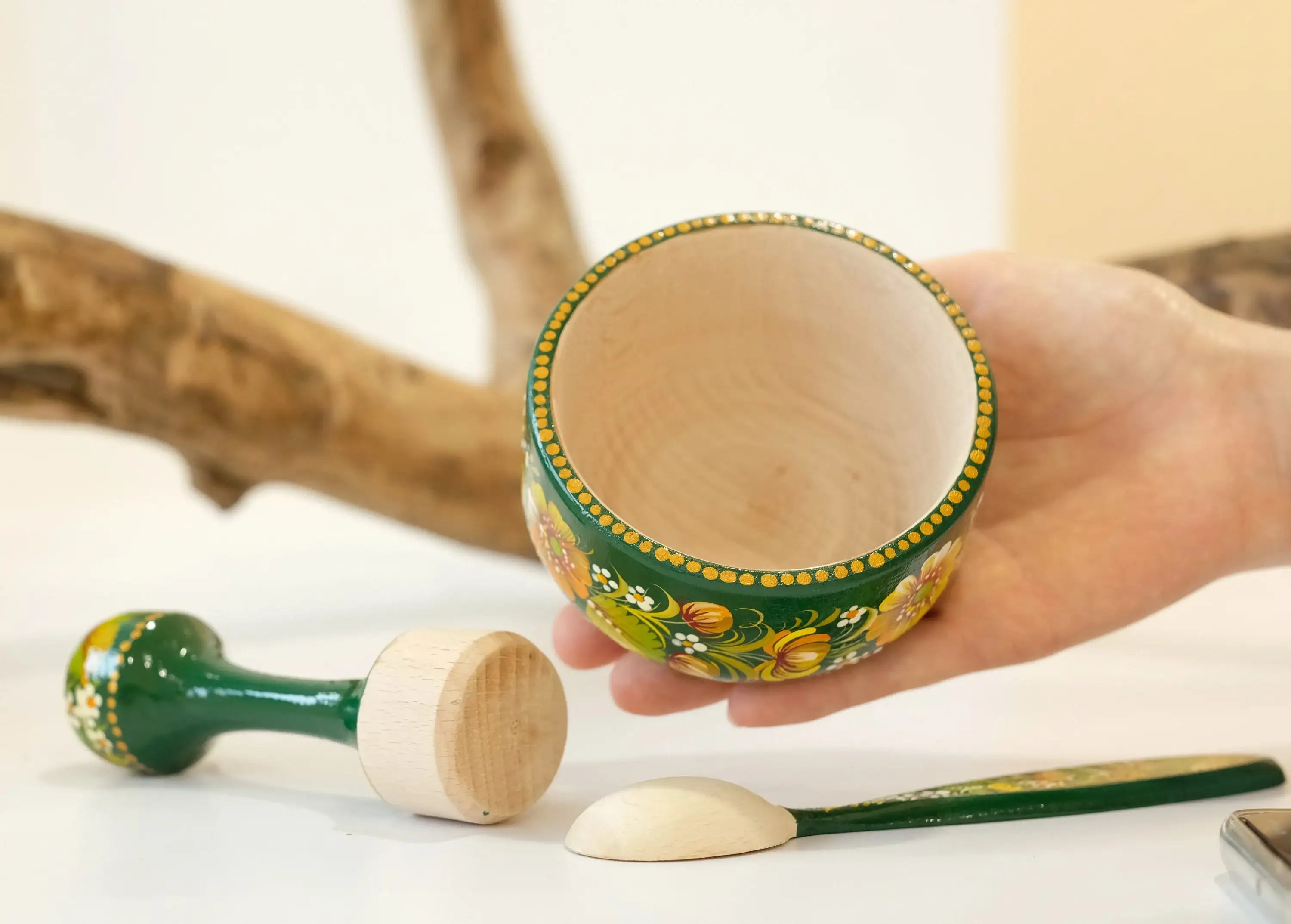 Wooden Mortar and Pestle Set - Artisanal Petrykivka Art Hand-painted Emerald Green Flower Crush Bowl