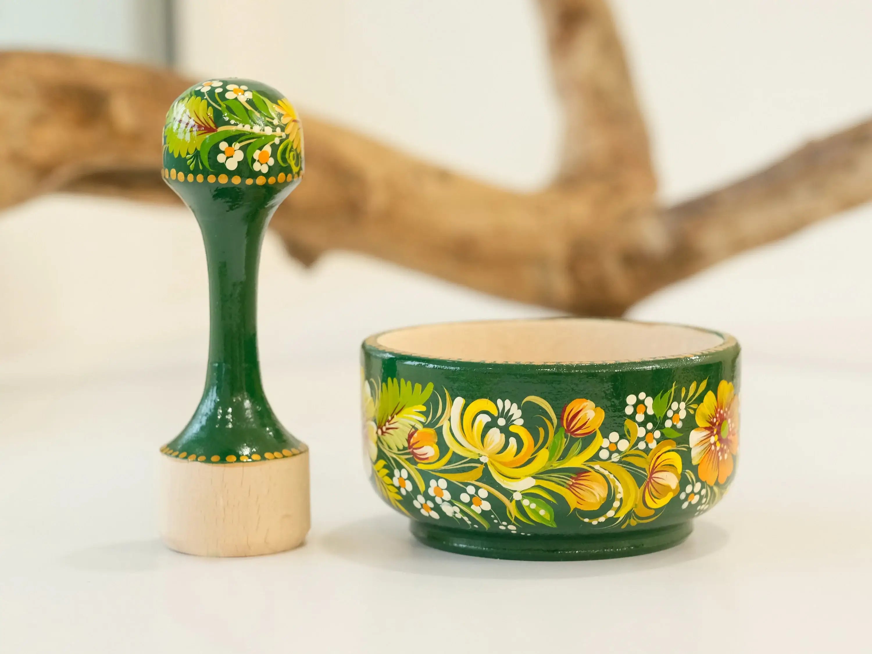 Wooden Mortar and Pestle Set - Artisanal Petrykivka Art Hand-painted Emerald Green Flower Crush Bowl