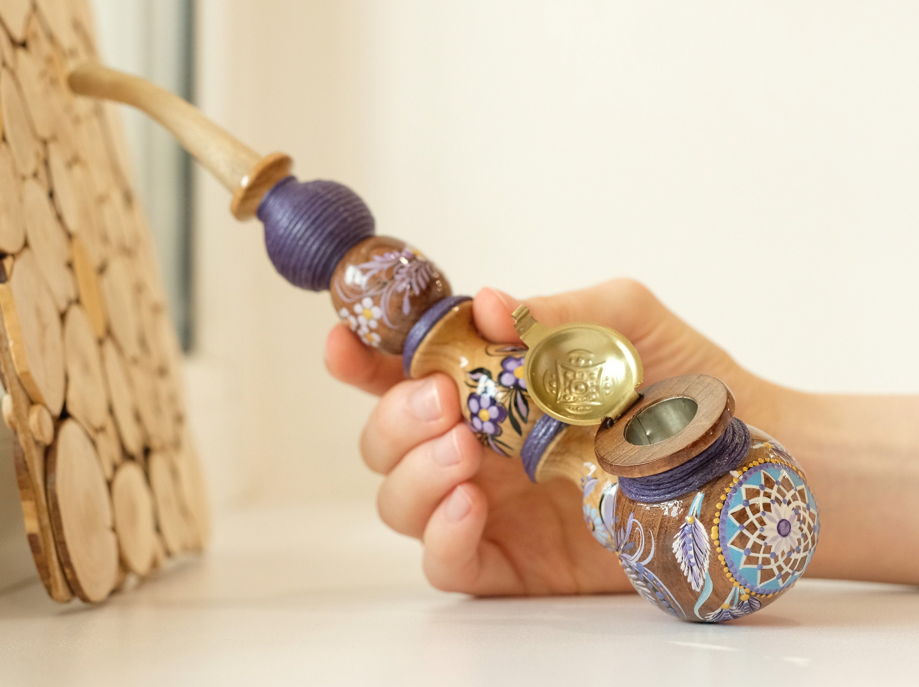Long wooden smoking pipe - Hand-painted Dream catcher tobacco pipe with lid & waxed cord wrap