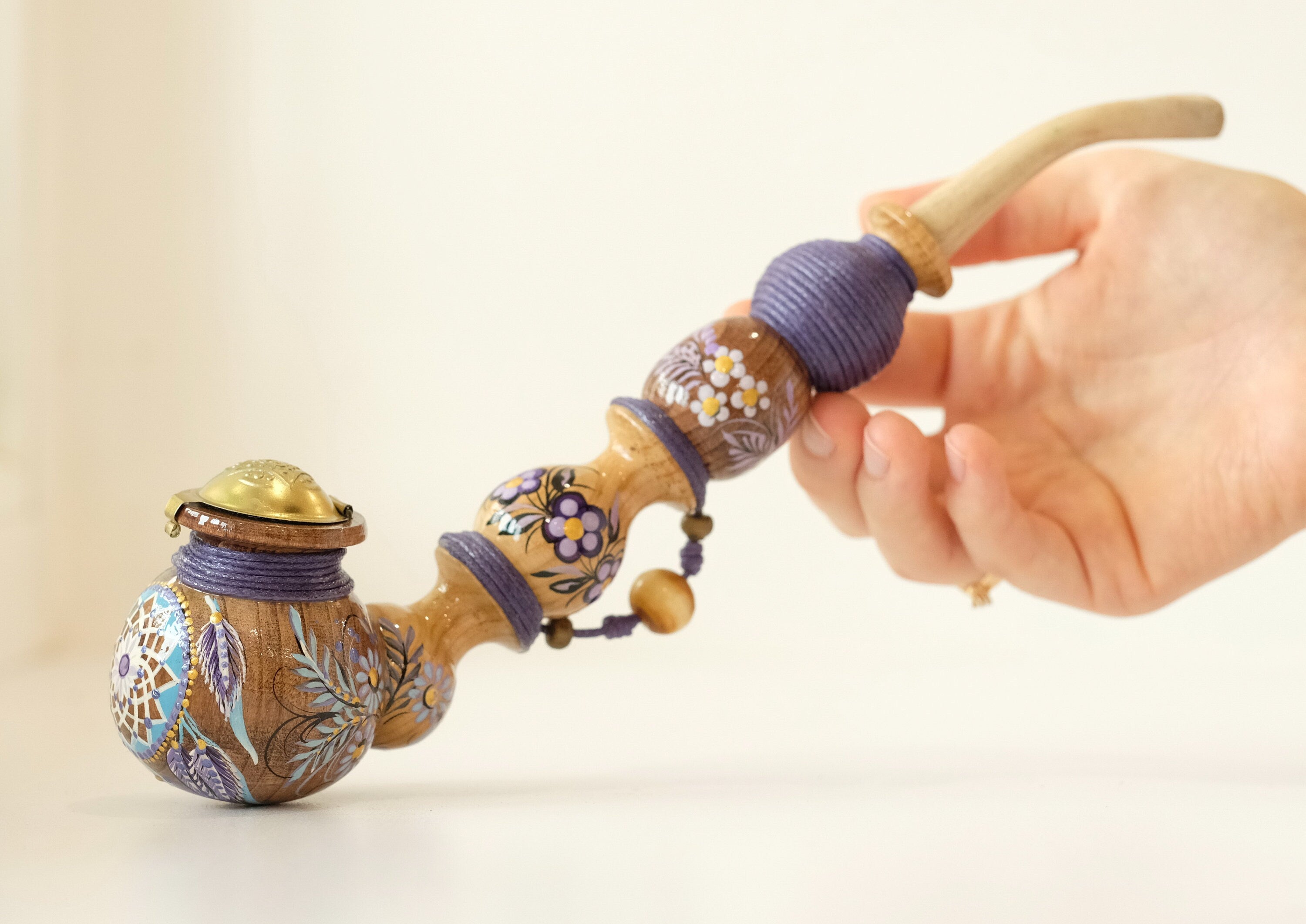 Long wooden smoking pipe - Hand-painted Dream catcher tobacco pipe with lid & waxed cord wrap