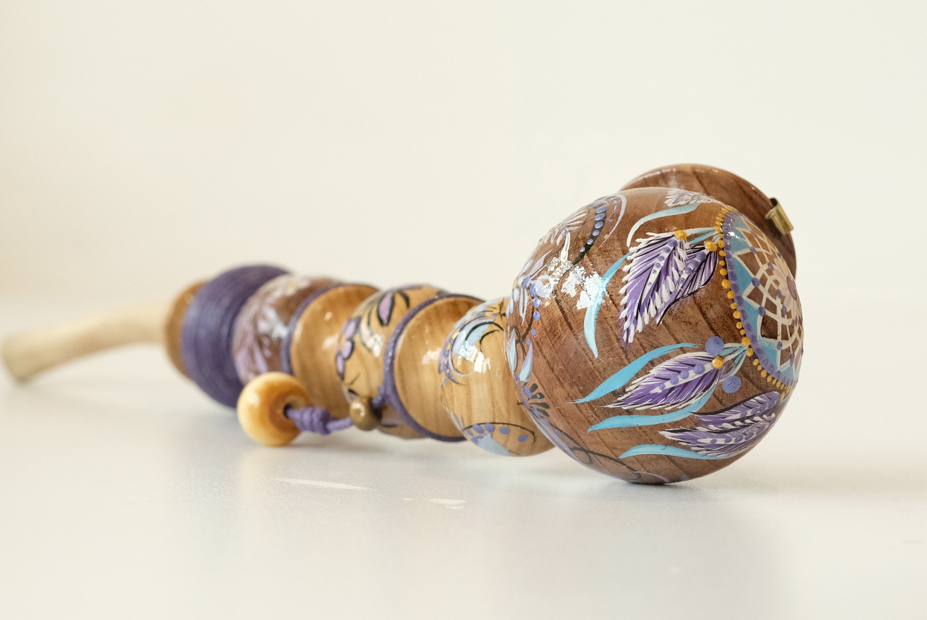 Long wooden smoking pipe - Hand-painted Dream catcher tobacco pipe with lid & waxed cord wrap