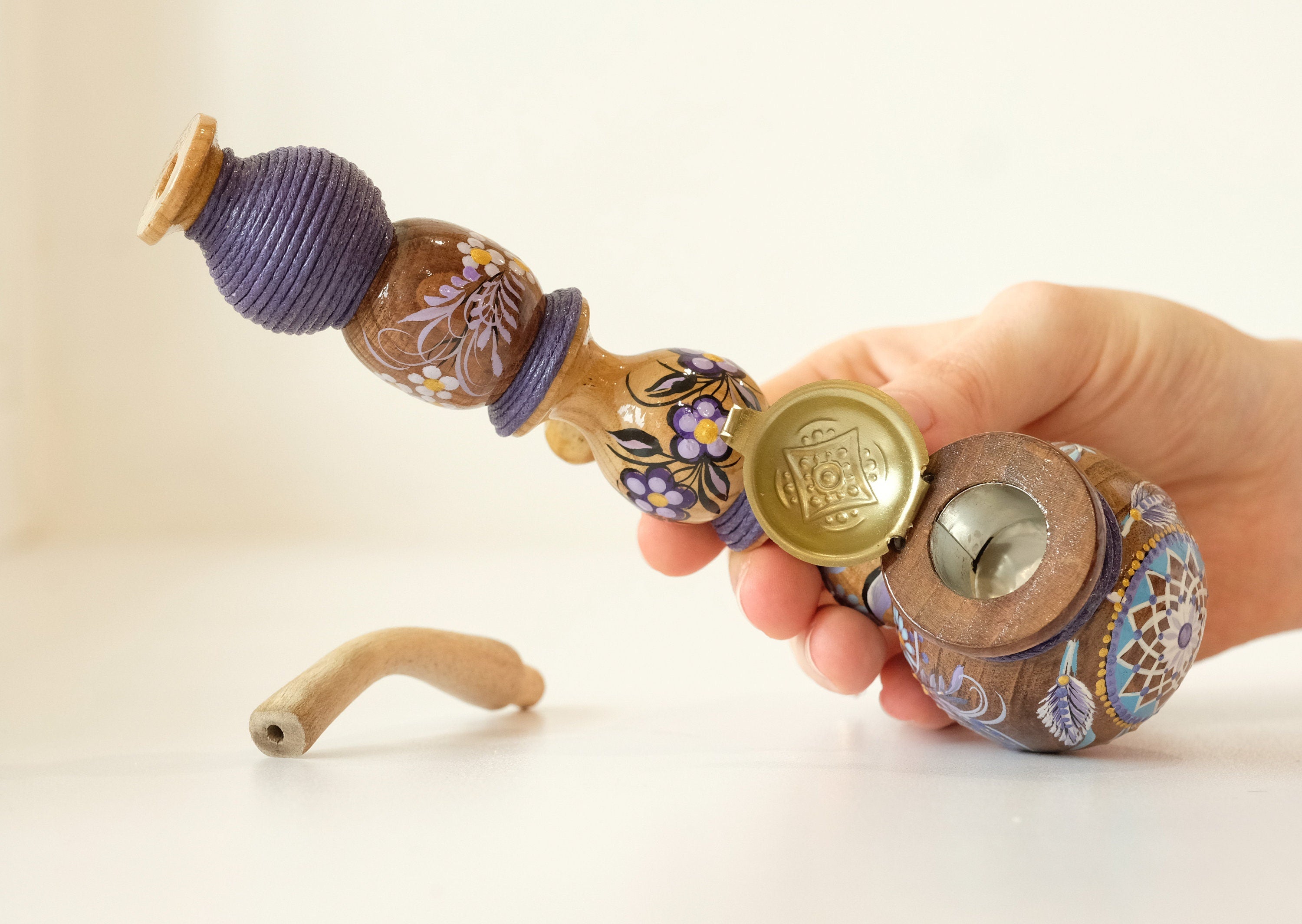Long wooden smoking pipe - Hand-painted Dream catcher tobacco pipe with lid & waxed cord wrap