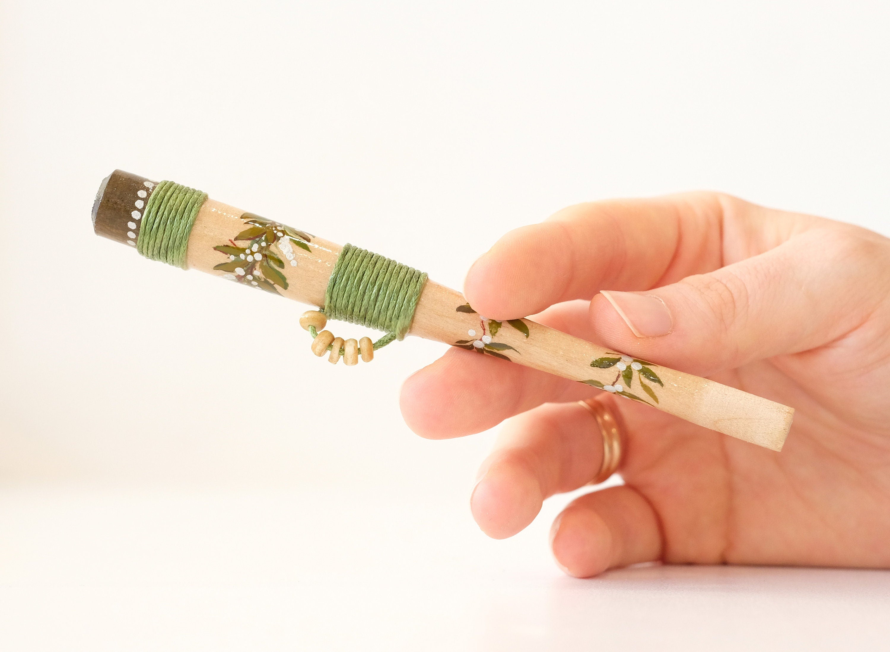 Wooden Regular cigarette holder - Hand-painted green tribal cigarette holder with Ukraininan folk art Petrykivka