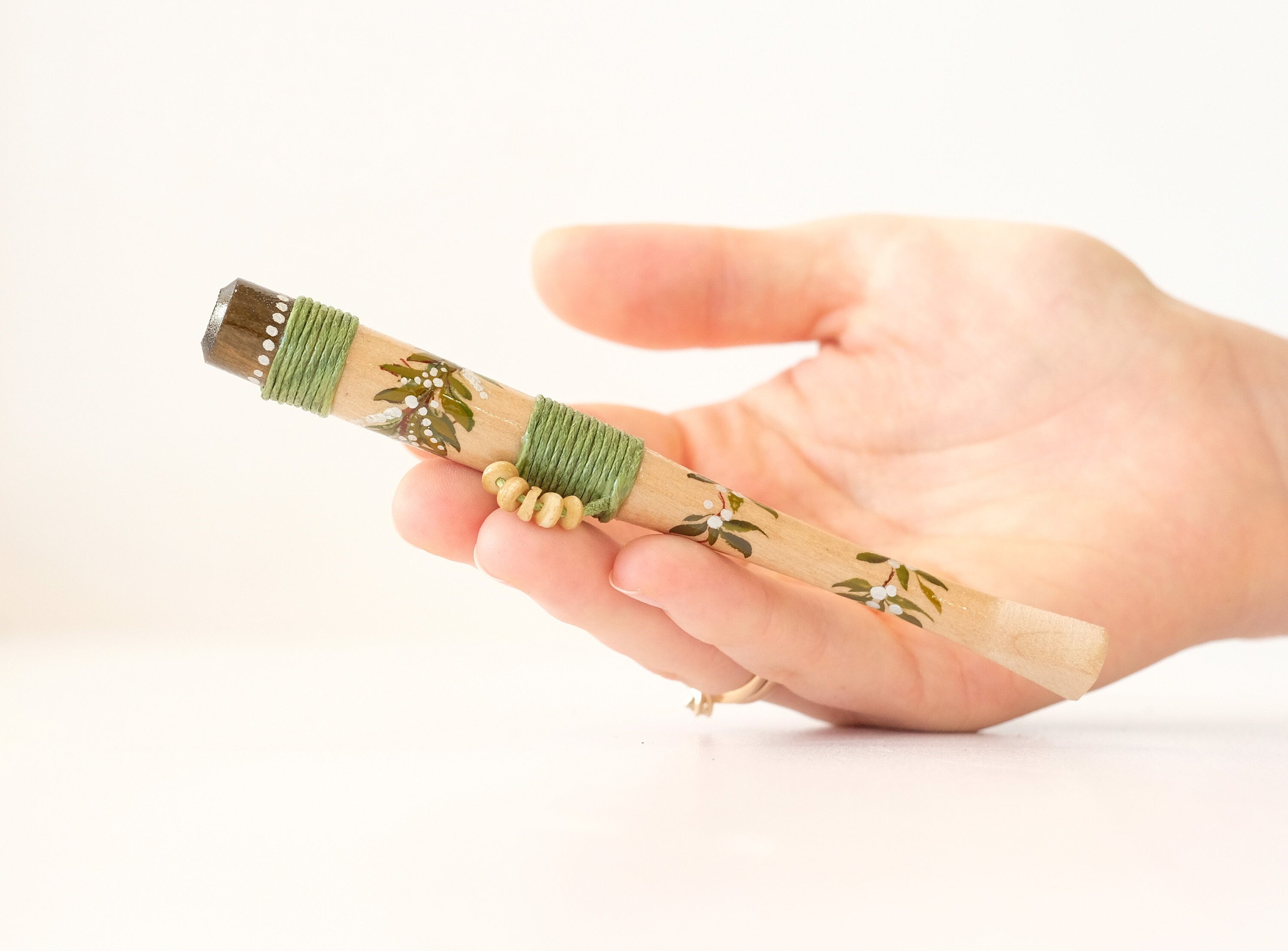 Wooden Regular cigarette holder - Hand-painted green tribal cigarette holder with Ukraininan folk art Petrykivka