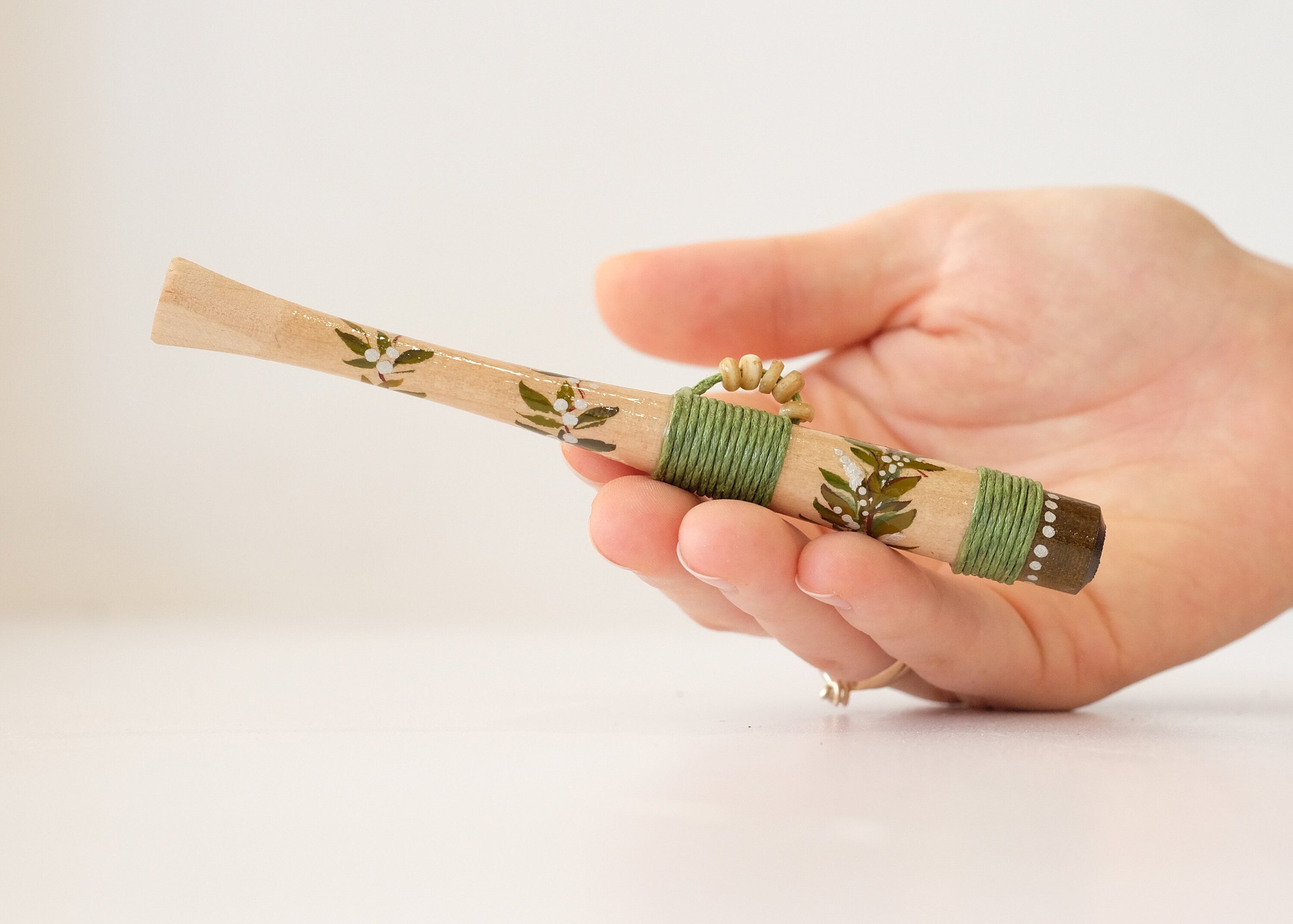 Wooden Regular cigarette holder - Hand-painted green tribal cigarette holder with Ukraininan folk art Petrykivka