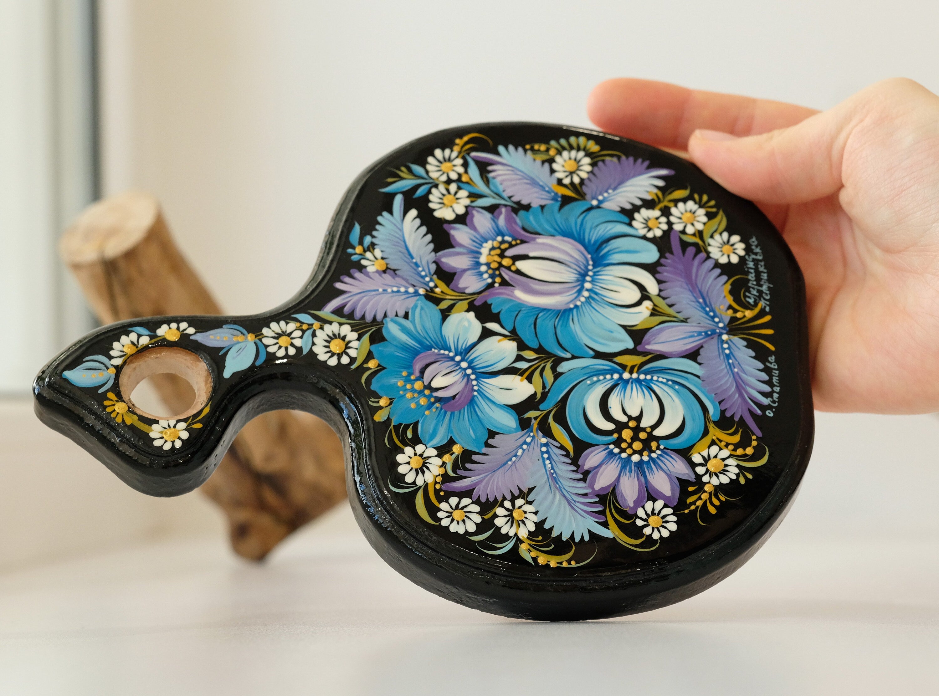 Mini Cutting Board Wooden - Functional Painted Chopping Board - Apple-shaped Blue Flower Kitchen Wall Decor, Petrykivka Art