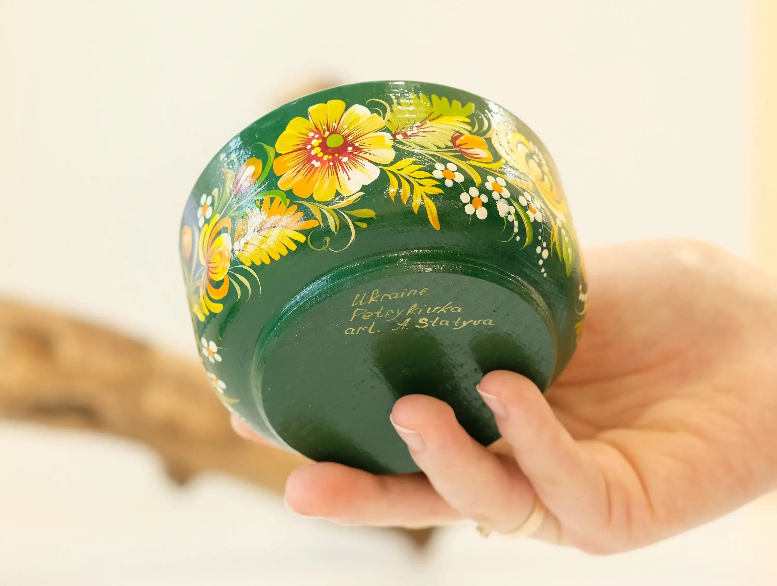 Wooden Mortar and Pestle Set - Artisanal Petrykivka Art Hand-painted Emerald Green Flower Crush Bowl