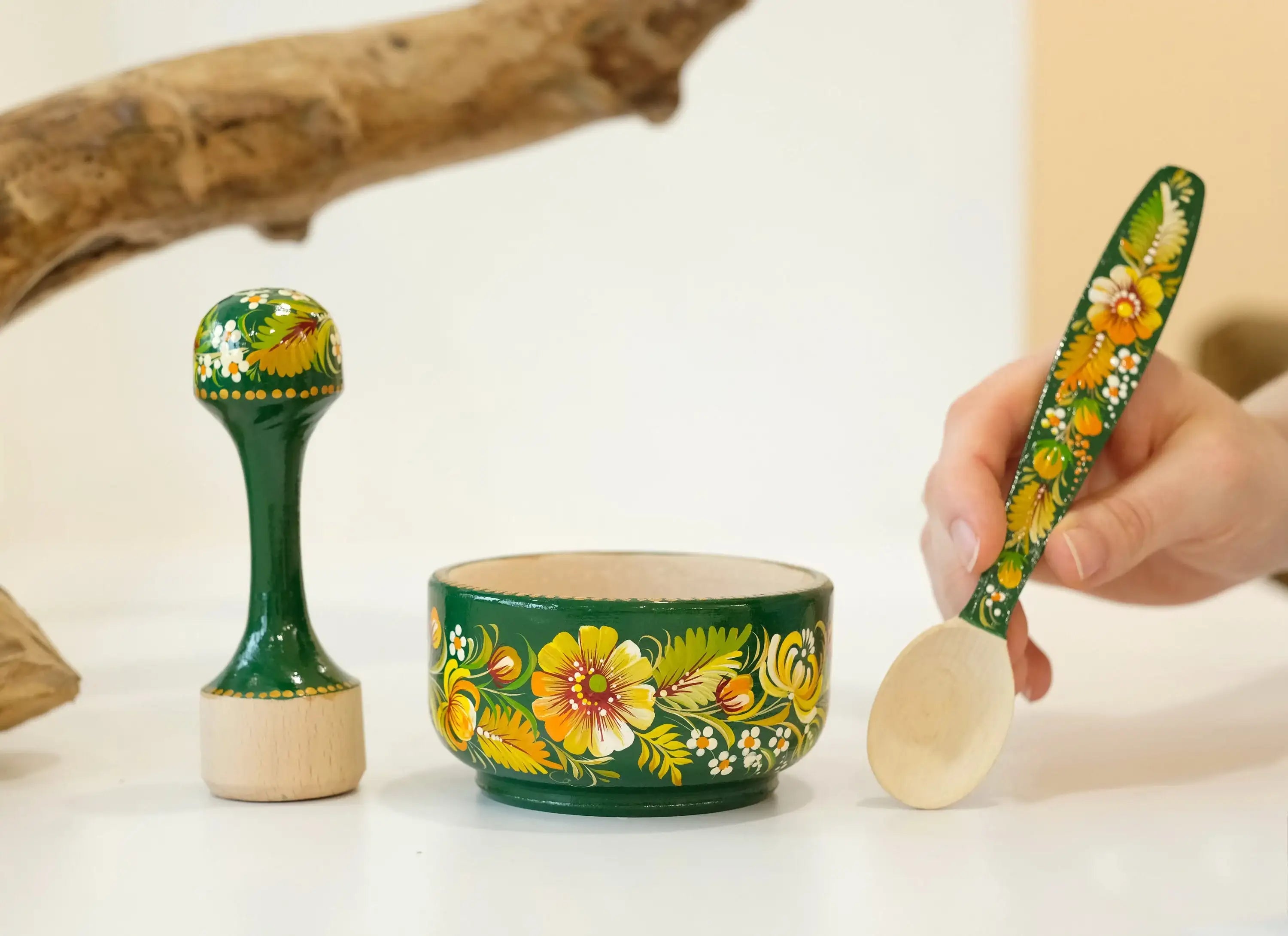 Wooden Mortar and Pestle Set - Artisanal Petrykivka Art Hand-painted Emerald Green Flower Crush Bowl