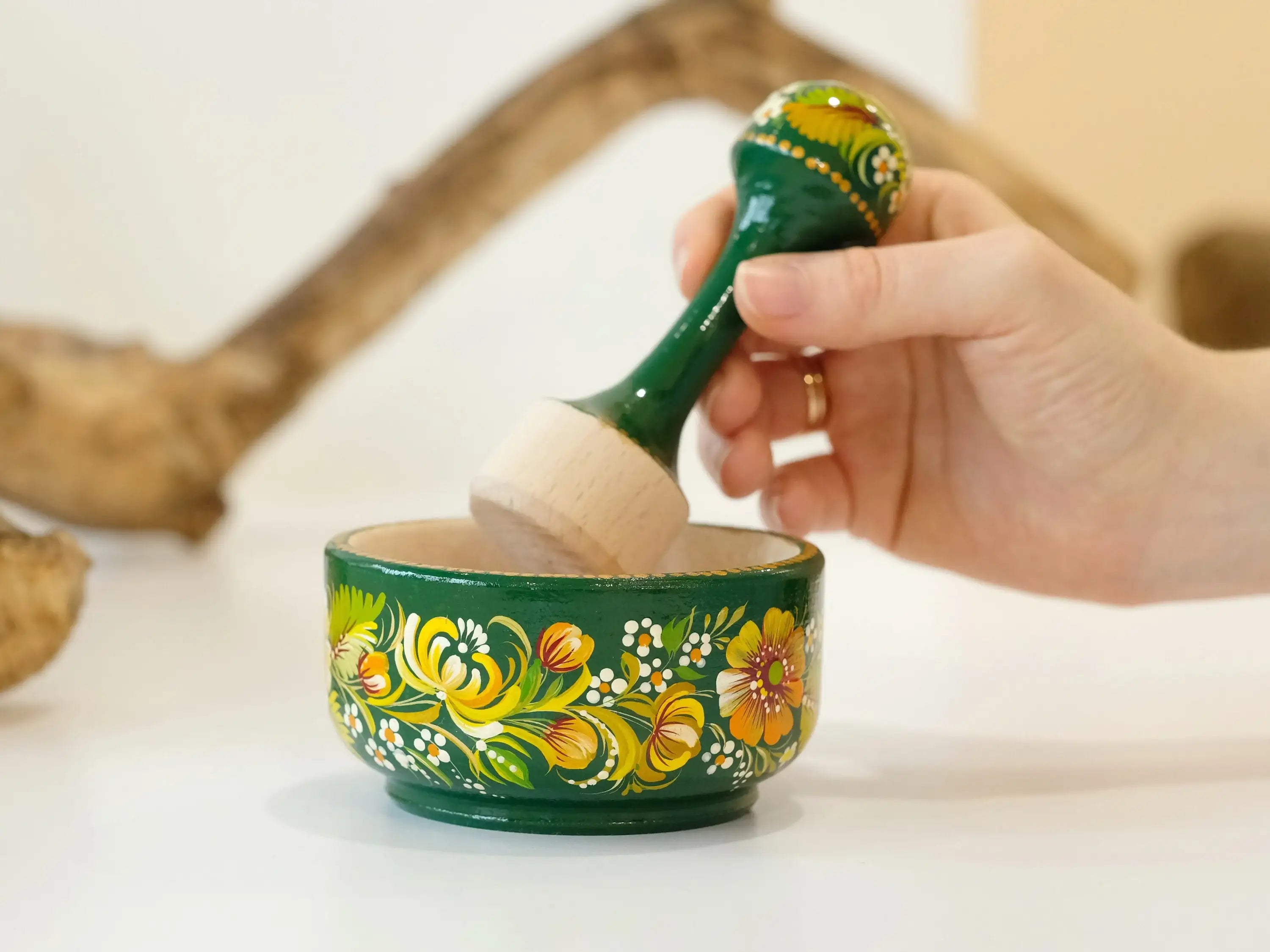 Wooden Mortar and Pestle Set - Artisanal Petrykivka Art Hand-painted Emerald Green Flower Crush Bowl