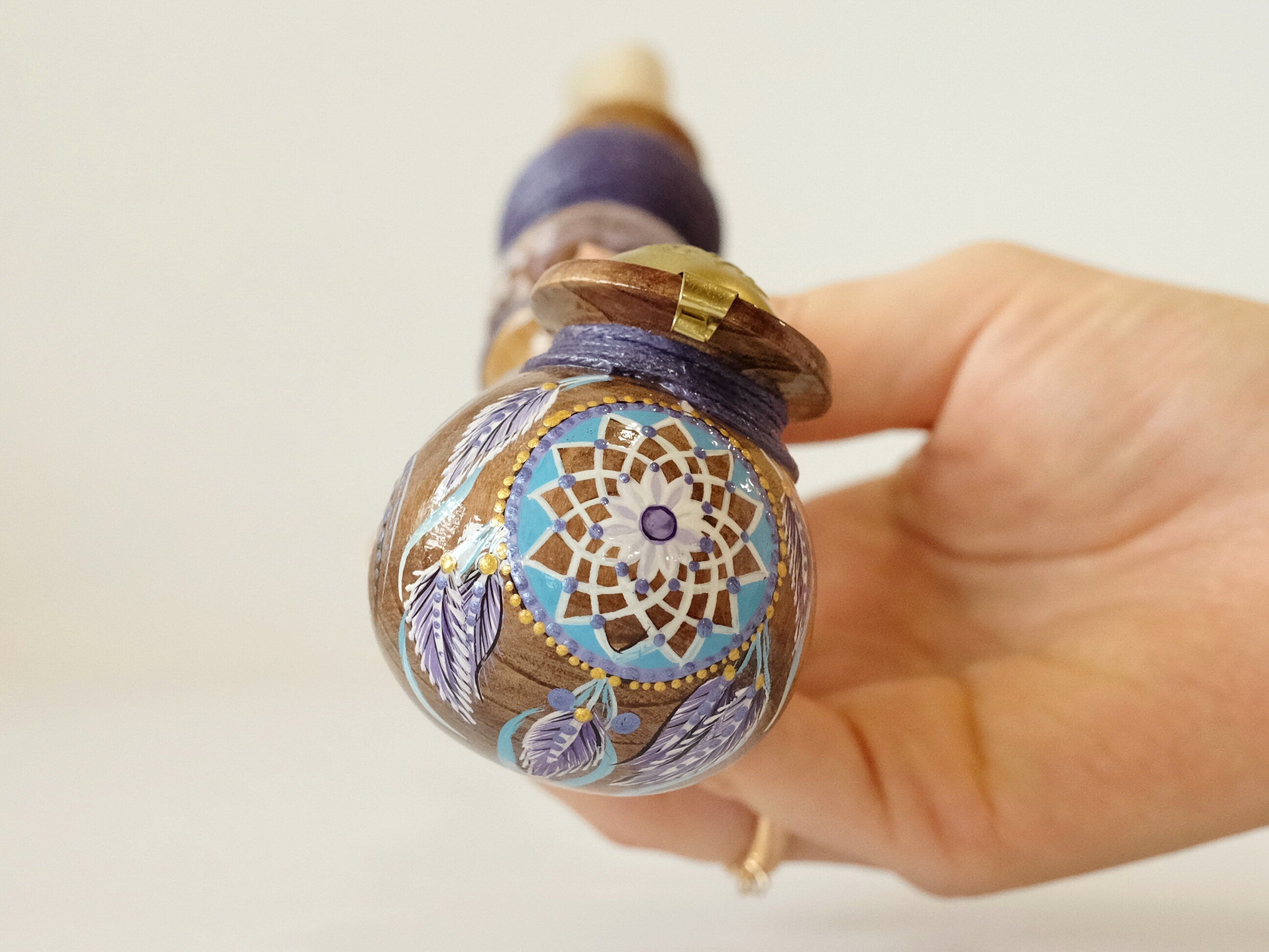 Long wooden smoking pipe - Hand-painted Dream catcher tobacco pipe with lid & waxed cord wrap