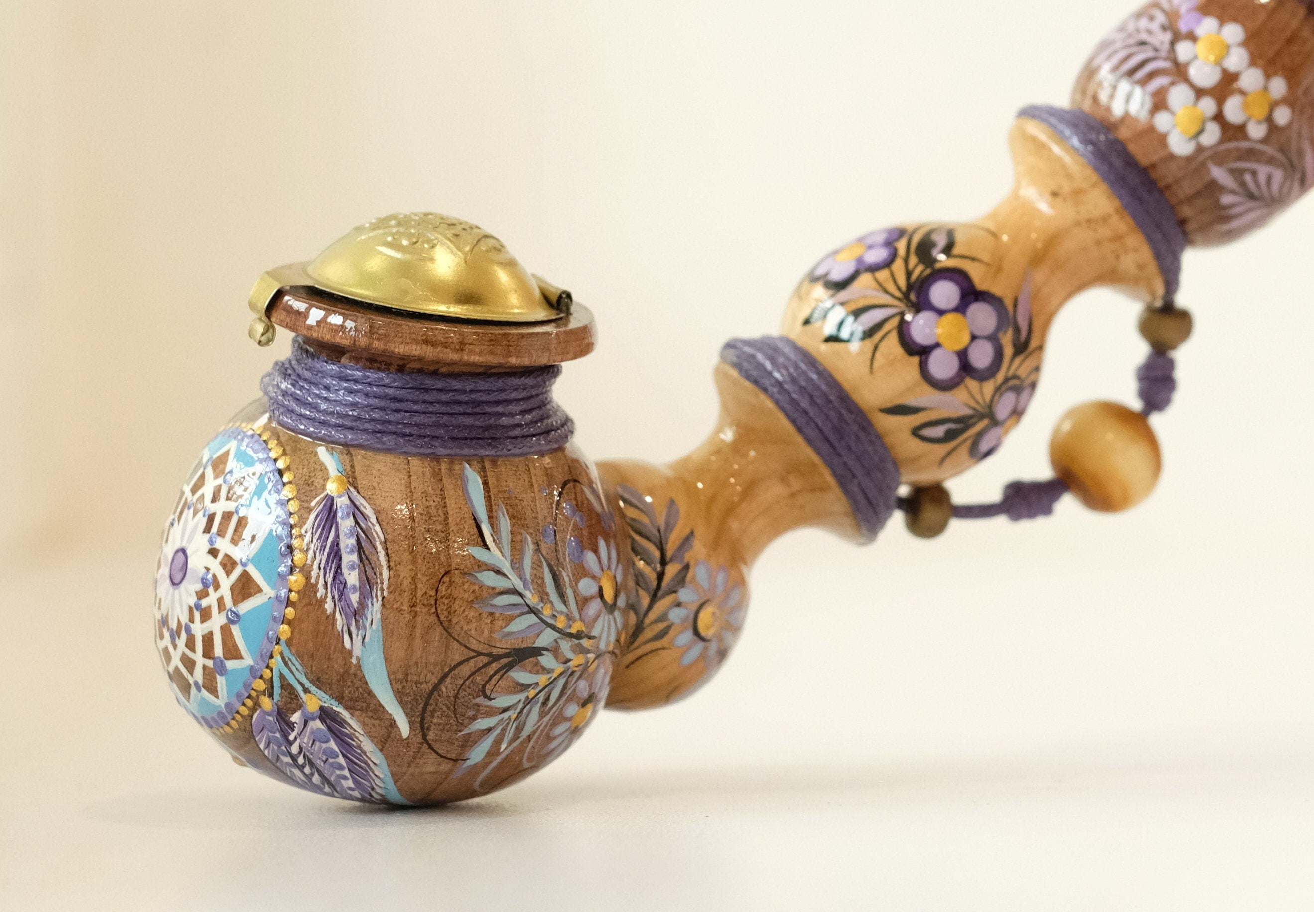 Long wooden smoking pipe - Hand-painted Dream catcher tobacco pipe with lid & waxed cord wrap