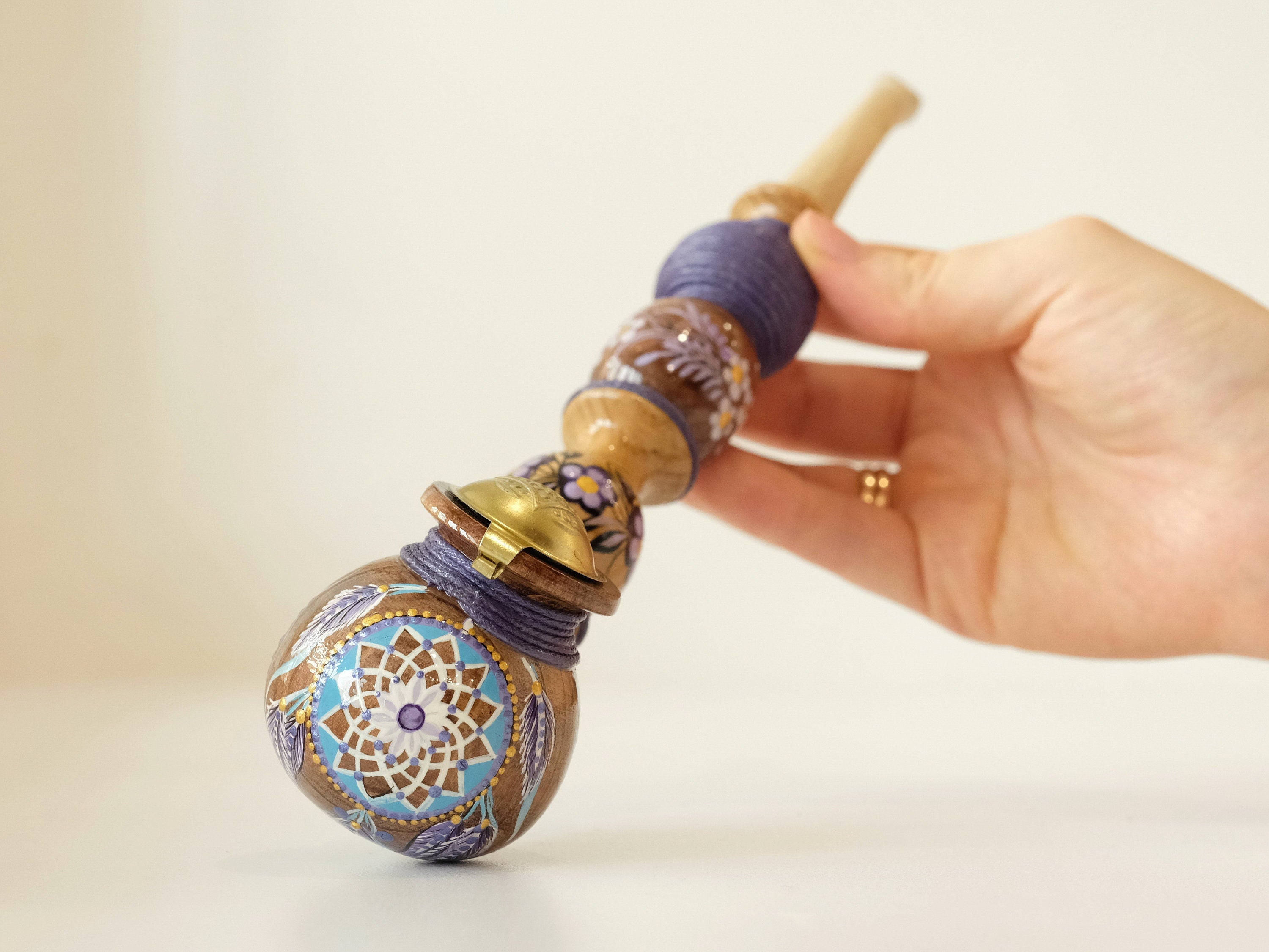 Long wooden smoking pipe - Hand-painted Dream catcher tobacco pipe with lid & waxed cord wrap