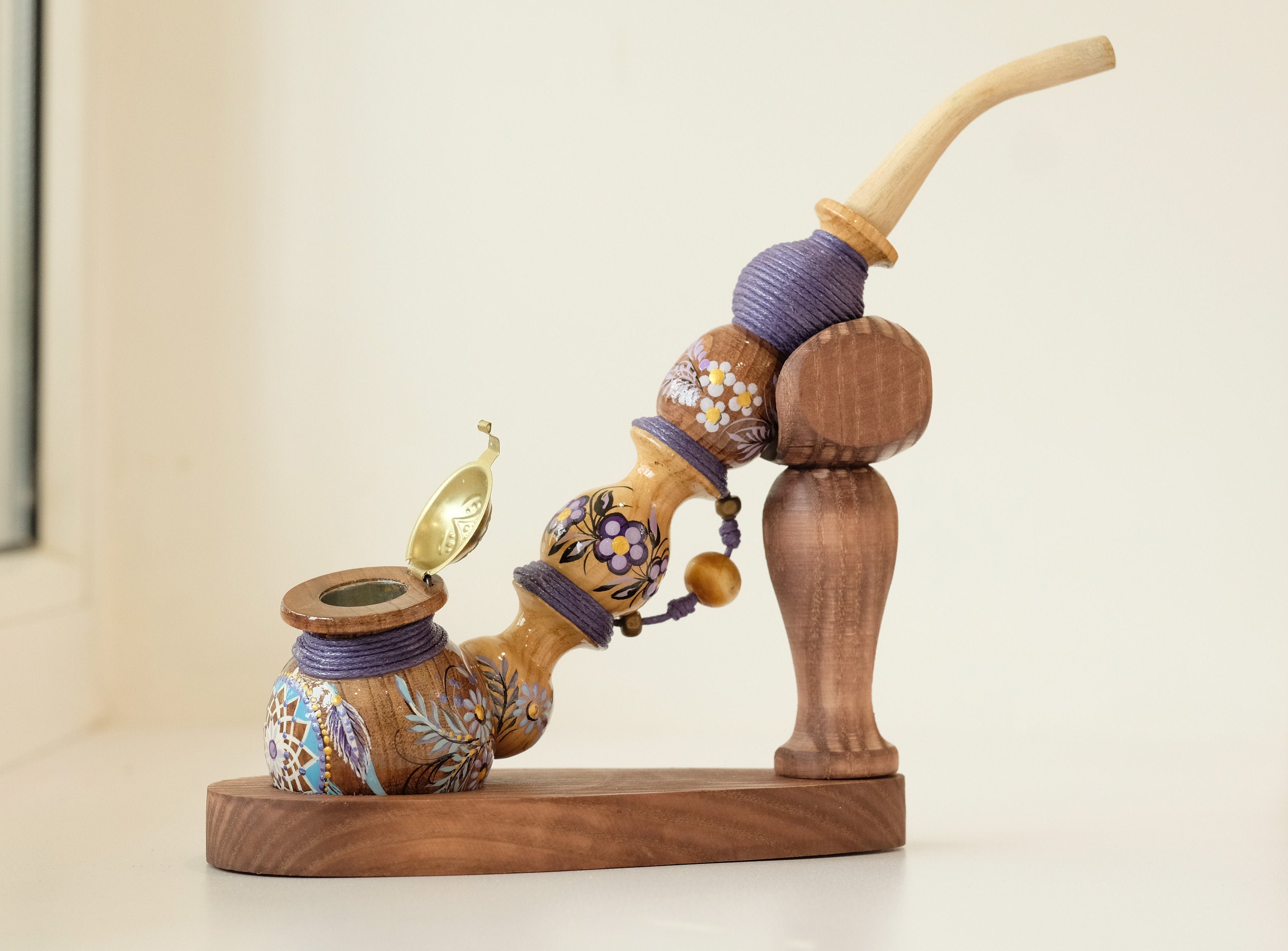 Long wooden smoking pipe - Hand-painted Dream catcher tobacco pipe with lid & waxed cord wrap