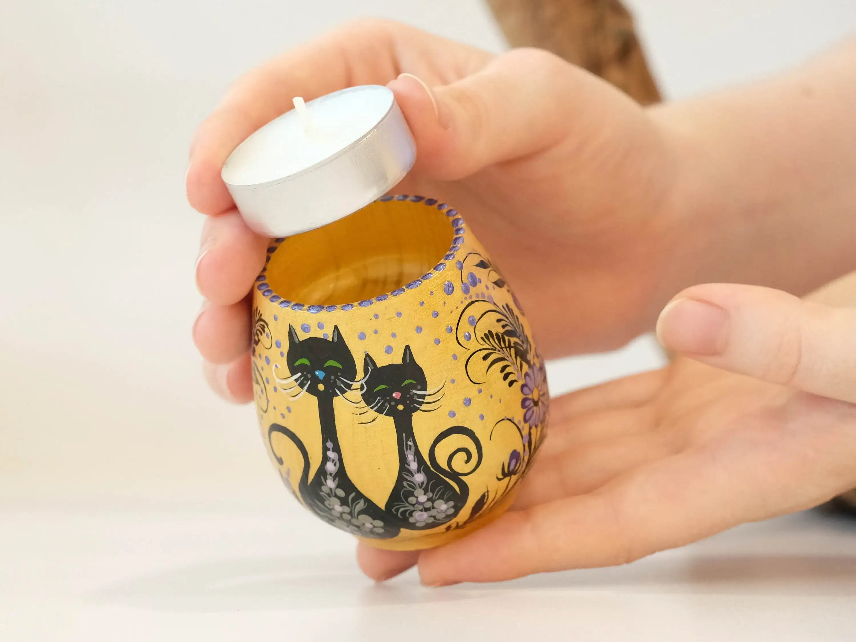 Painted Wooden Halloween Black Cat Candle Holder - Handmade Tea Light Holder Carved from Wood