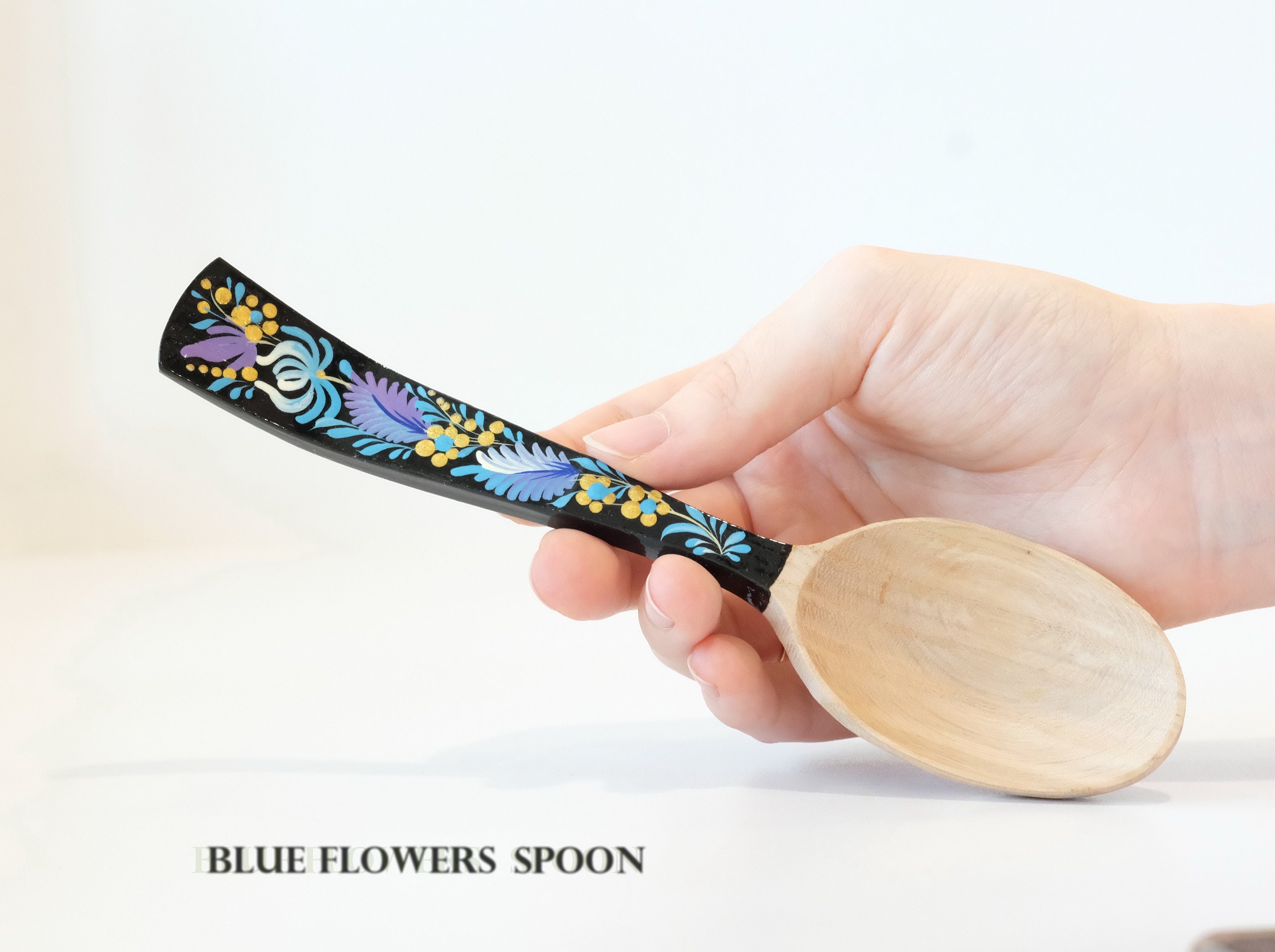 Unique wooden spoon, Unique painted tablespoon, Flower salt spoon, Painted sugar spoon, Blue hippie spoon, Wooden flower spoon, Cute spoon