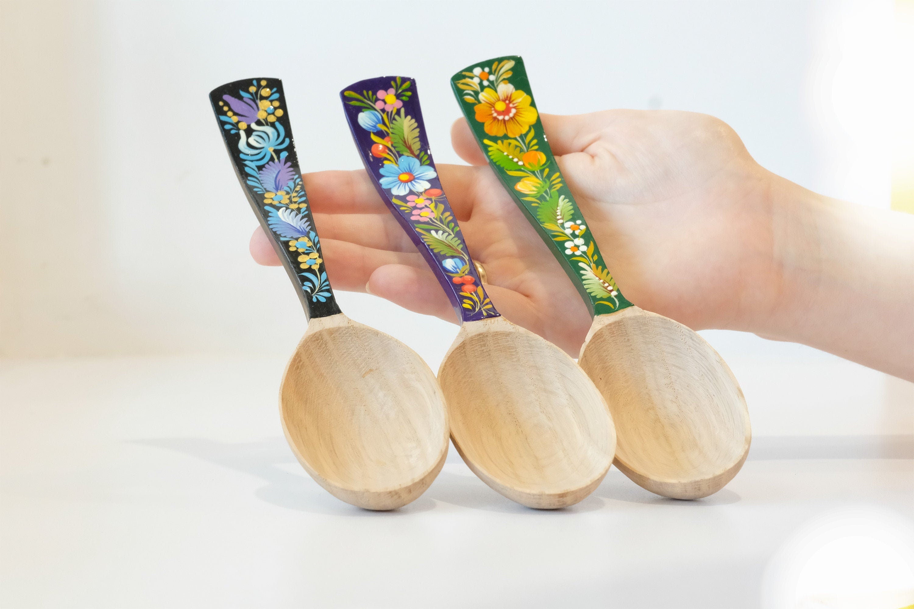 Unique wooden spoon, Unique painted tablespoon, Flower salt spoon, Painted sugar spoon, Blue hippie spoon, Wooden flower spoon, Cute spoon