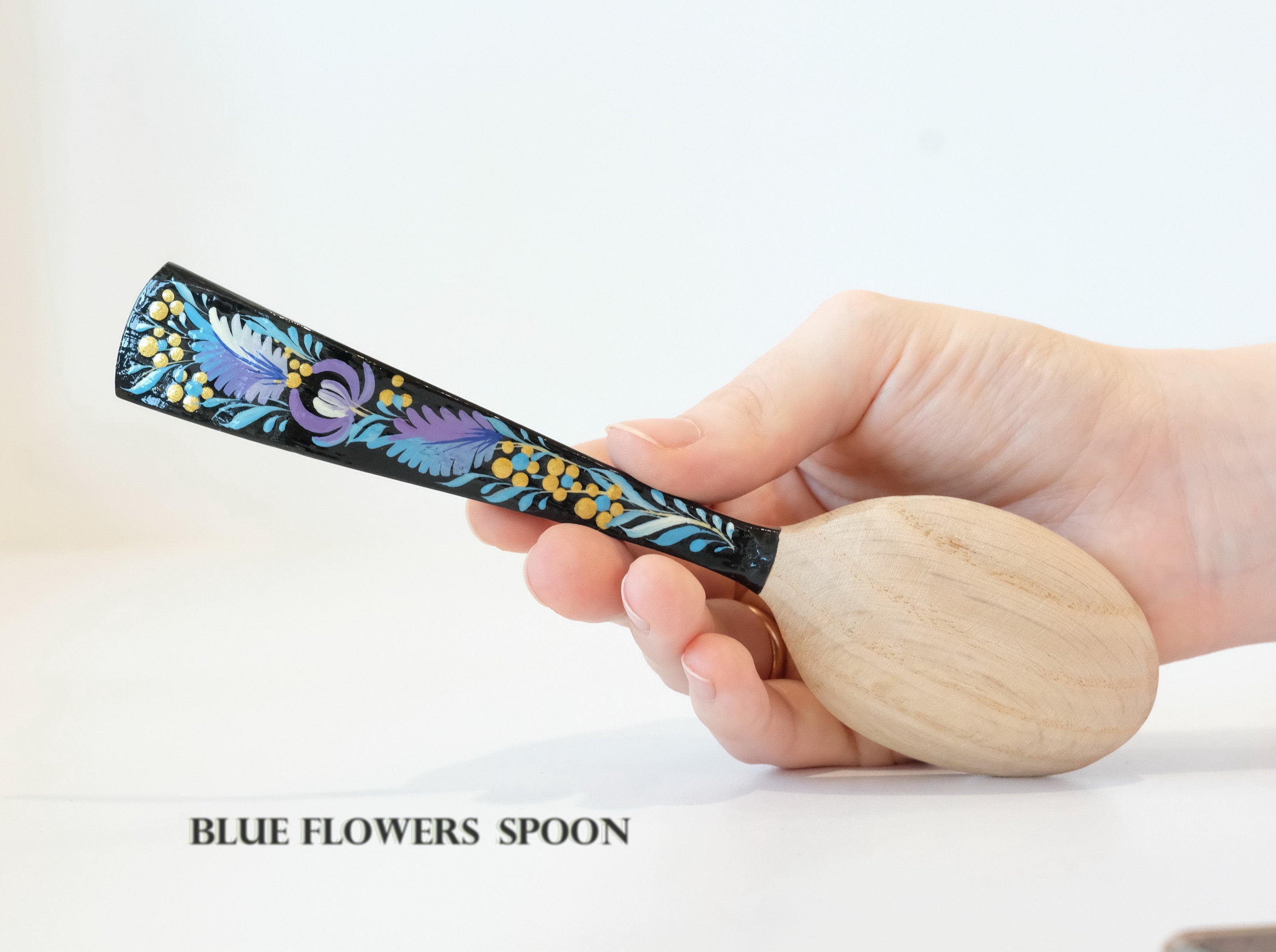 Unique wooden spoon, Unique painted tablespoon, Flower salt spoon, Painted sugar spoon, Blue hippie spoon, Wooden flower spoon, Cute spoon