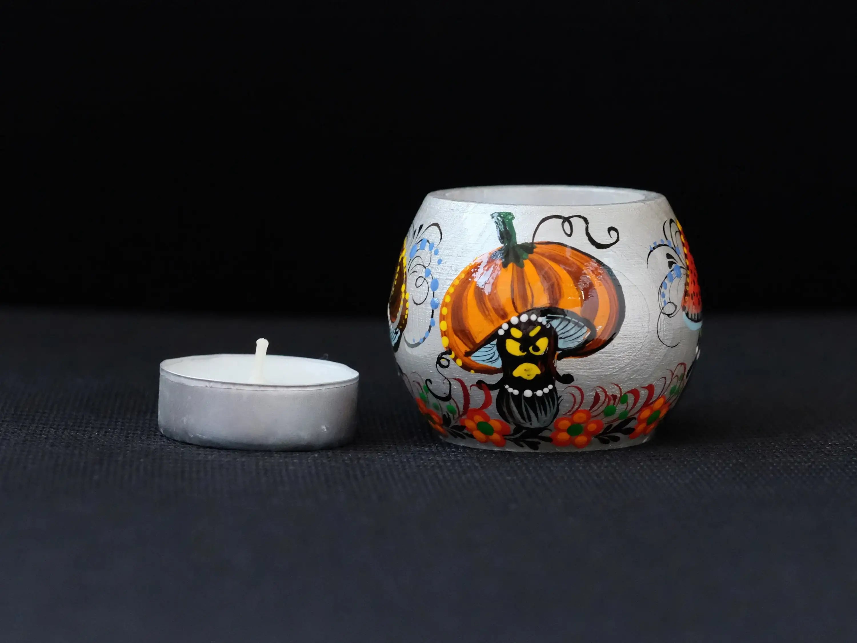Painted Wooden Mushroom Candle Holder - Spooky Mushroom Face Halloween Tea Light Candle Holder