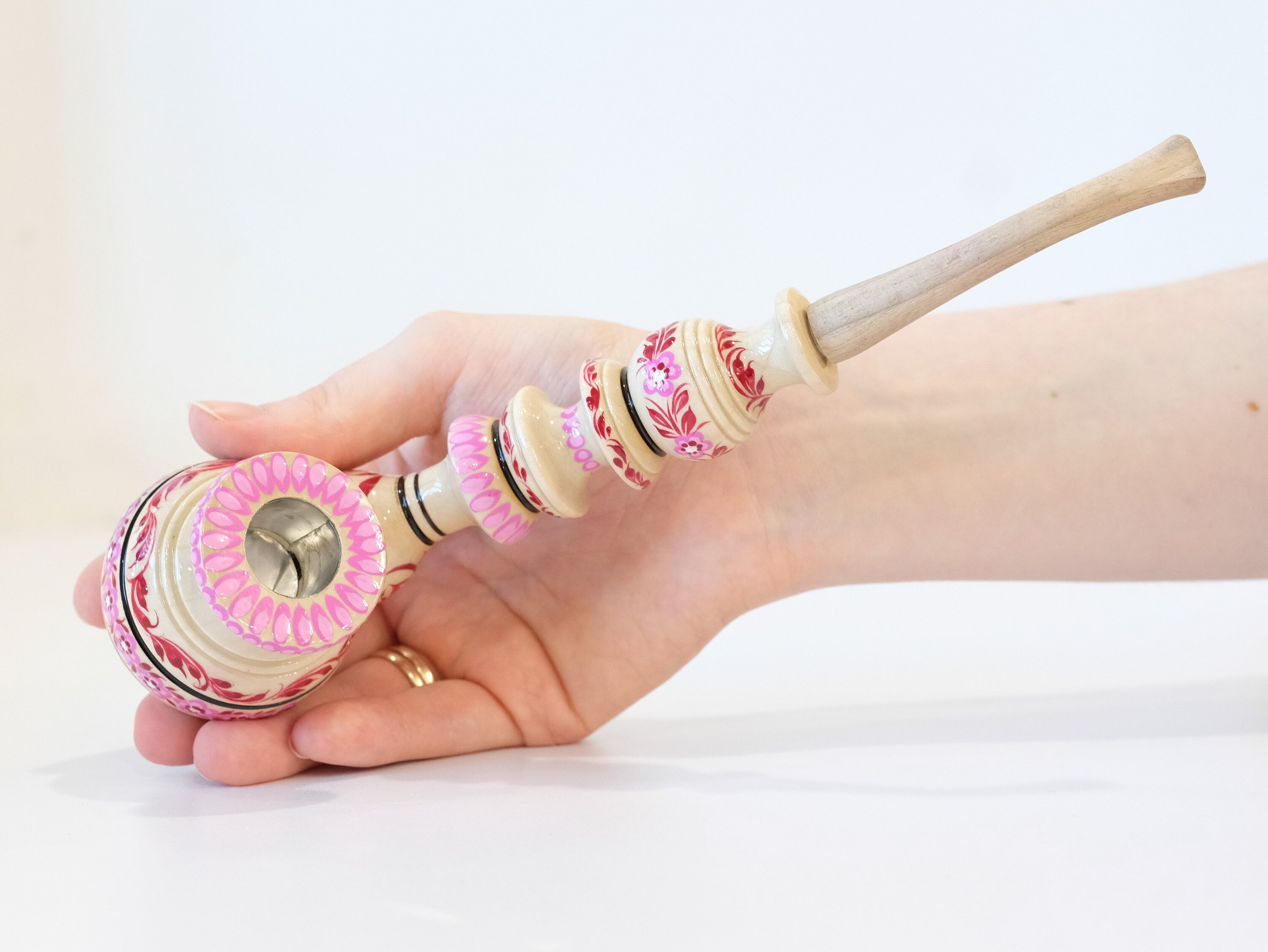 Painted Wooden Smoking Pipe - Pink Cherry Blossom Tobacco Pipe with Ukrainian Folk Art Petrykivka