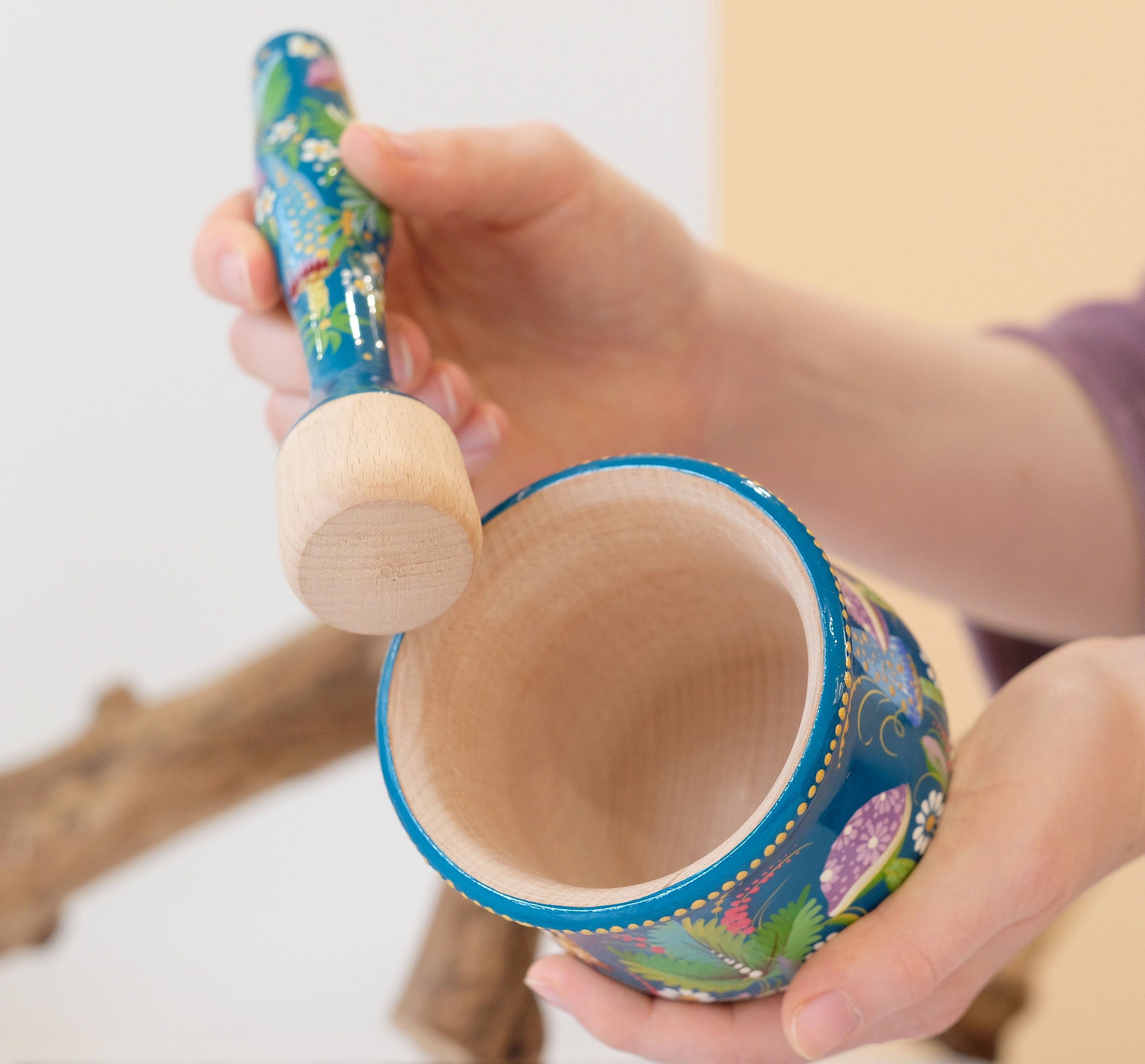 Wooden Mushroom Mortar and Pestle Set - Hand-Painted Artisanal Turquoise Grinding Bowl Crush Bowl