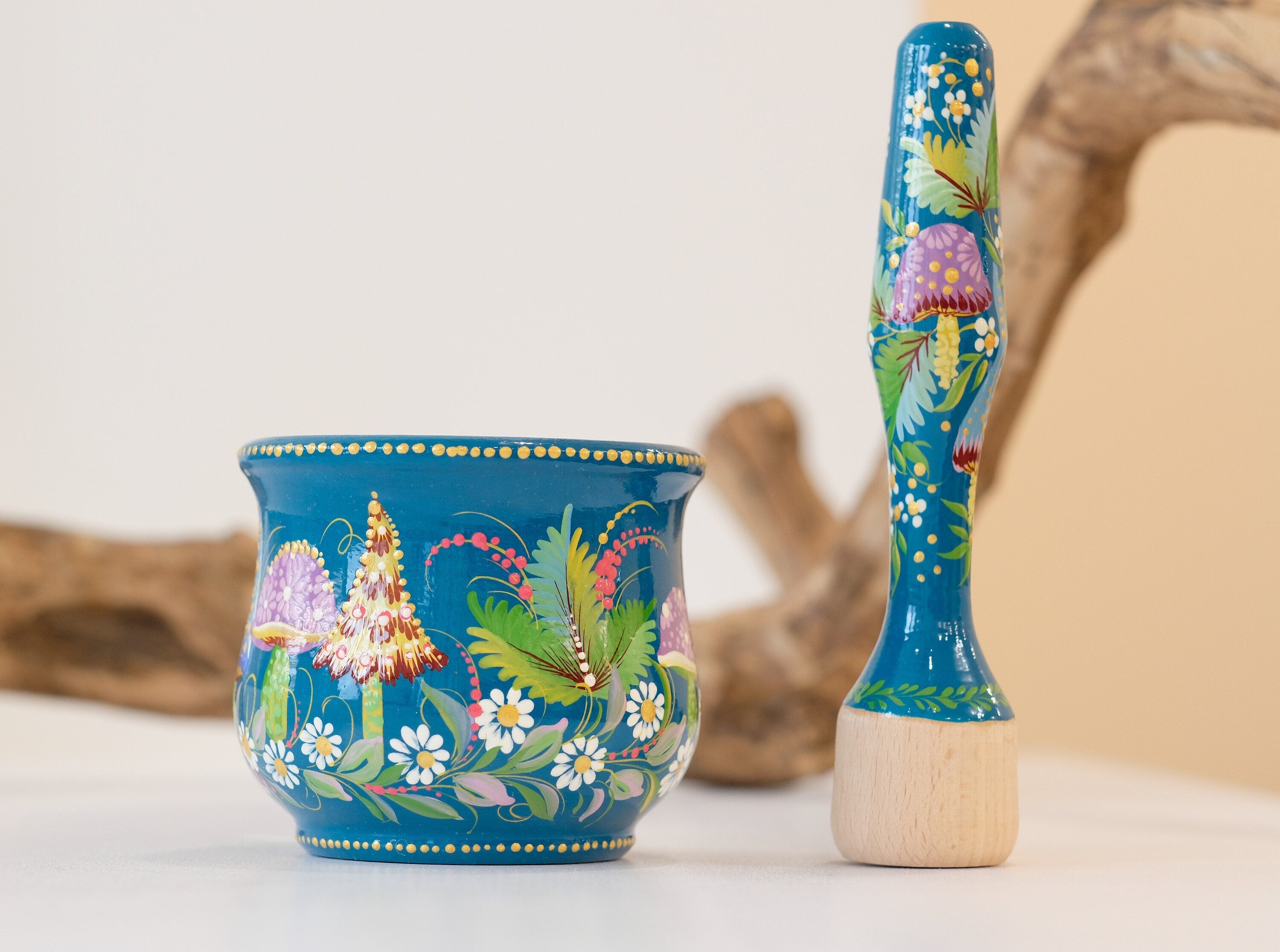 Wooden Mushroom Mortar and Pestle Set - Hand-Painted Artisanal Turquoise Grinding Bowl Crush Bowl